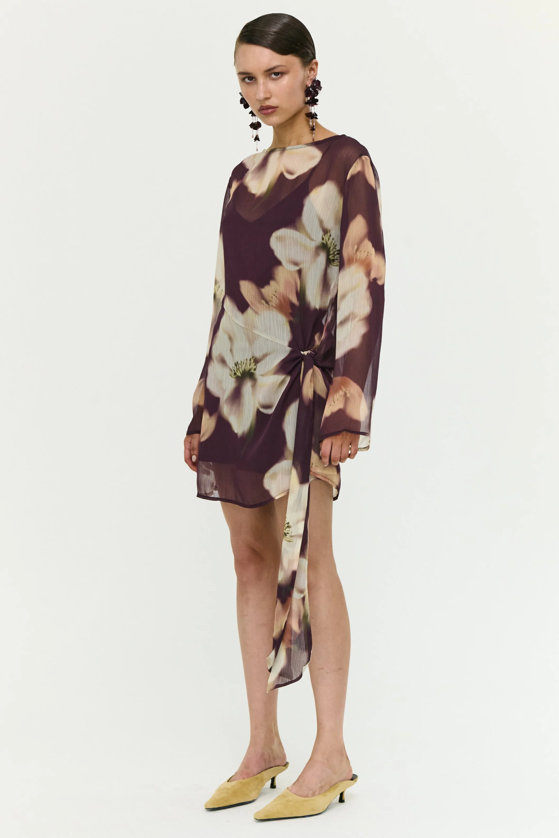 Lula Brown Floral Side Tie Sheer LS Mini Dress - Image 5