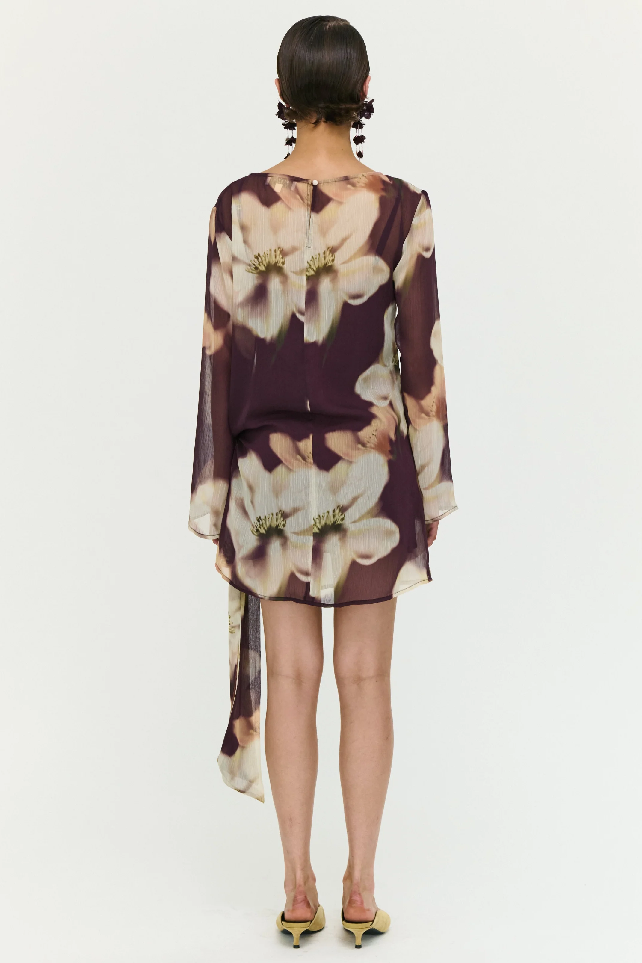 Lula Brown Floral Side Tie Sheer LS Mini Dress - Image 6