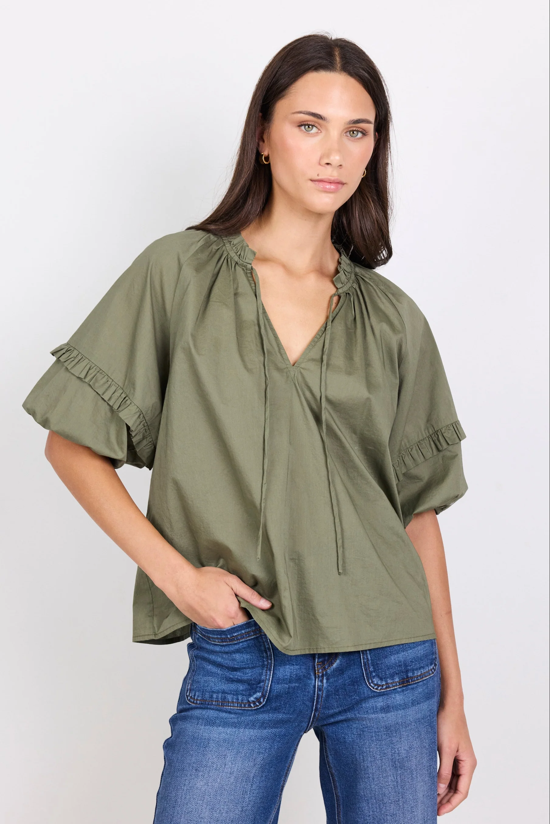 Luminary Olive Voile Tie Front SS Top