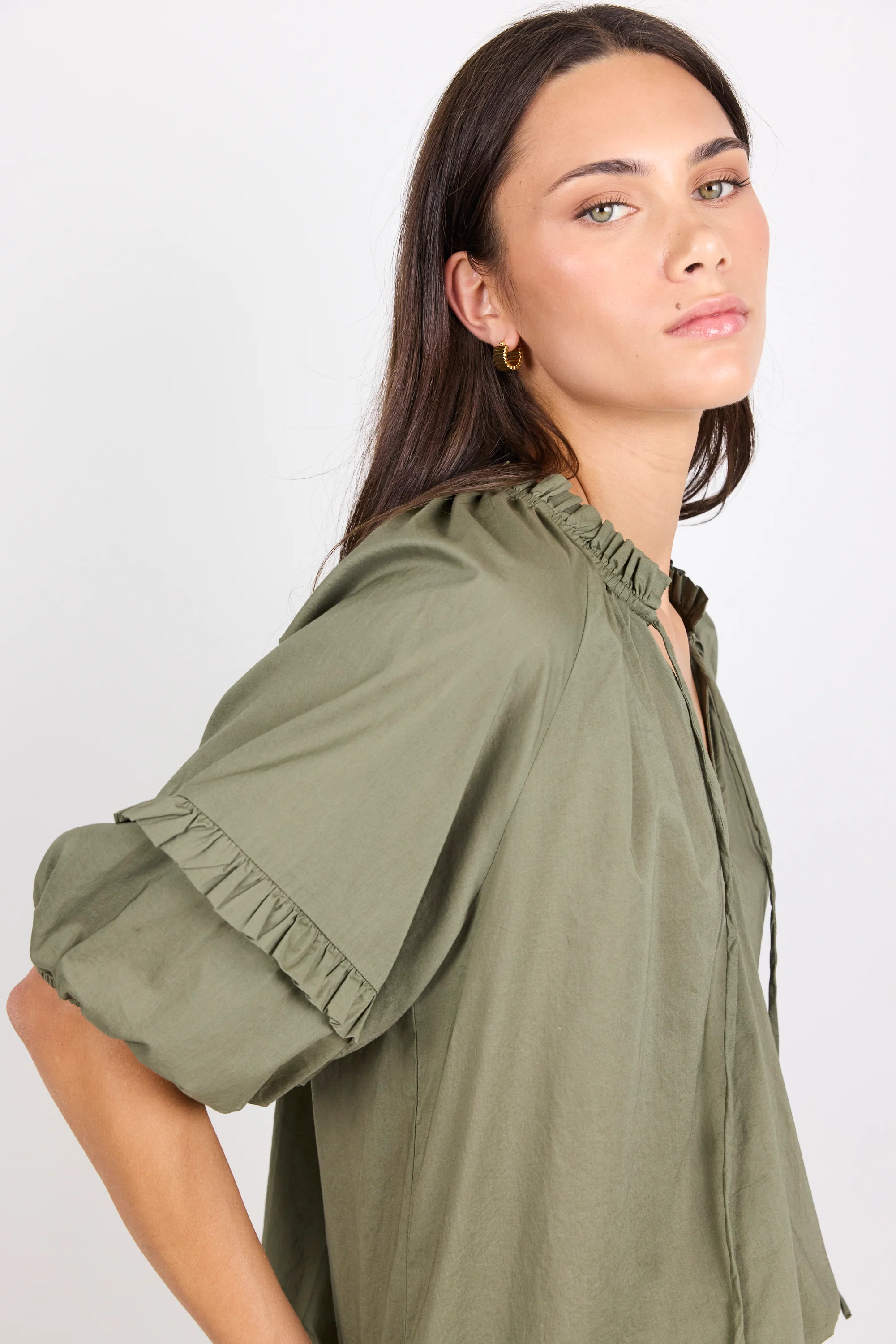 Luminary Olive Voile Tie Front SS Top - Image 2