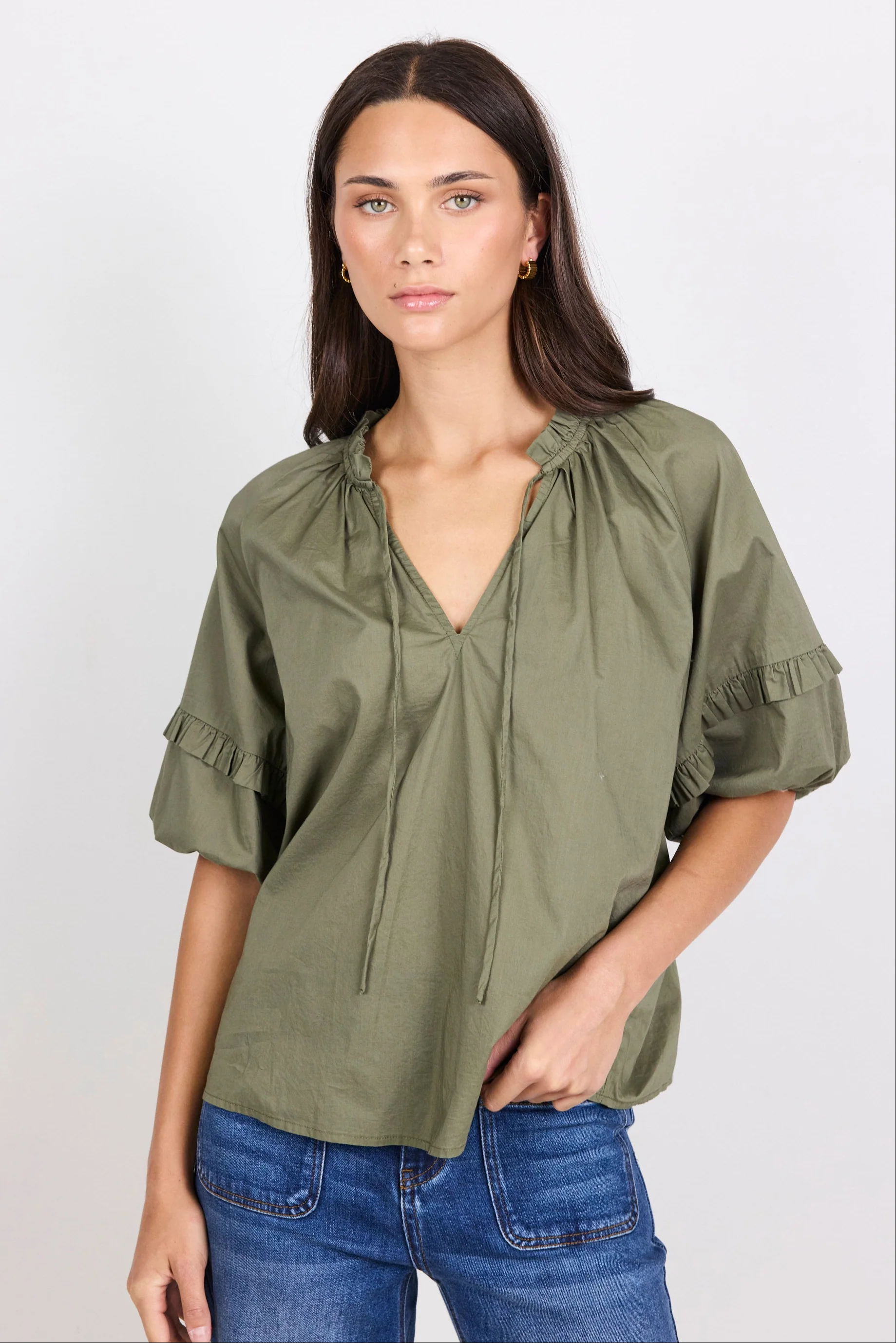 Luminary Olive Voile Tie Front SS Top - Image 3
