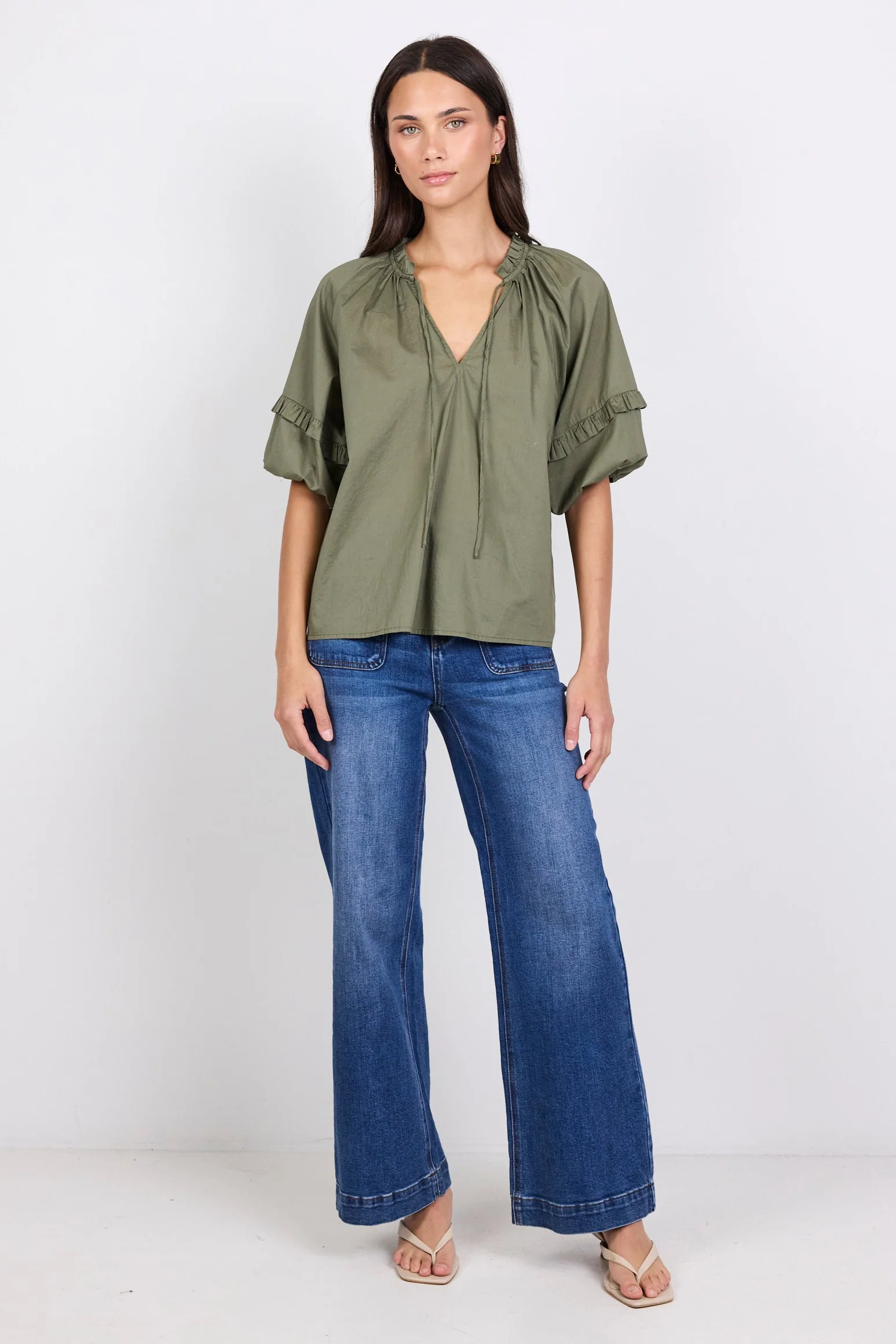 Luminary Olive Voile Tie Front SS Top - Image 4