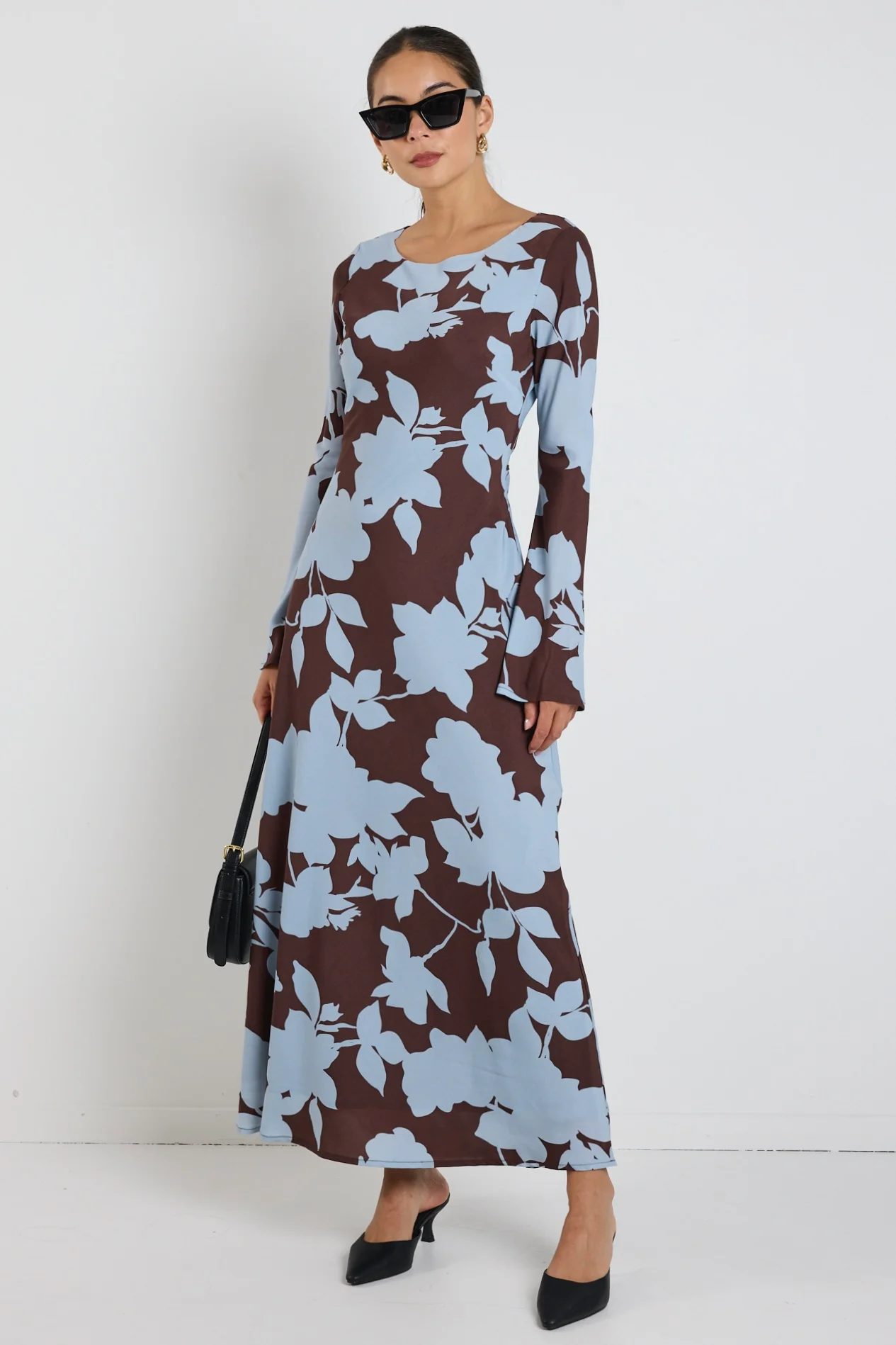 Luminous Brown Blue Floral Fluted Sleeve Bias Maxi Dress