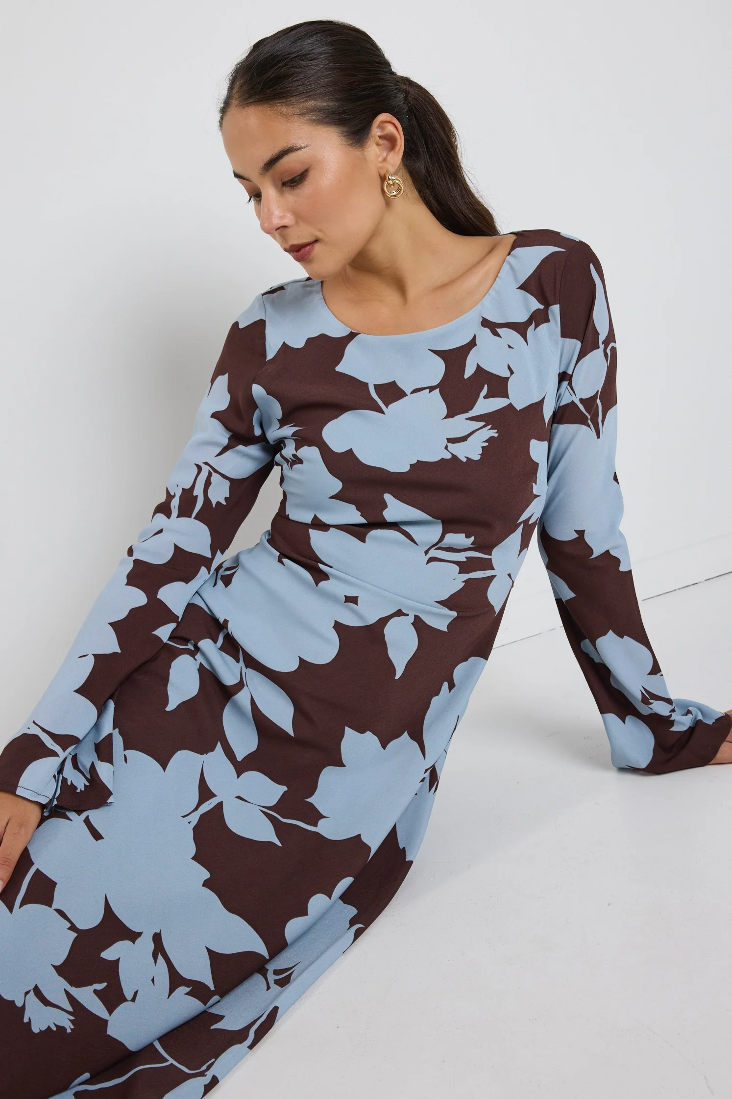 Luminous Brown Blue Floral Fluted Sleeve Bias Maxi Dress - Image 2