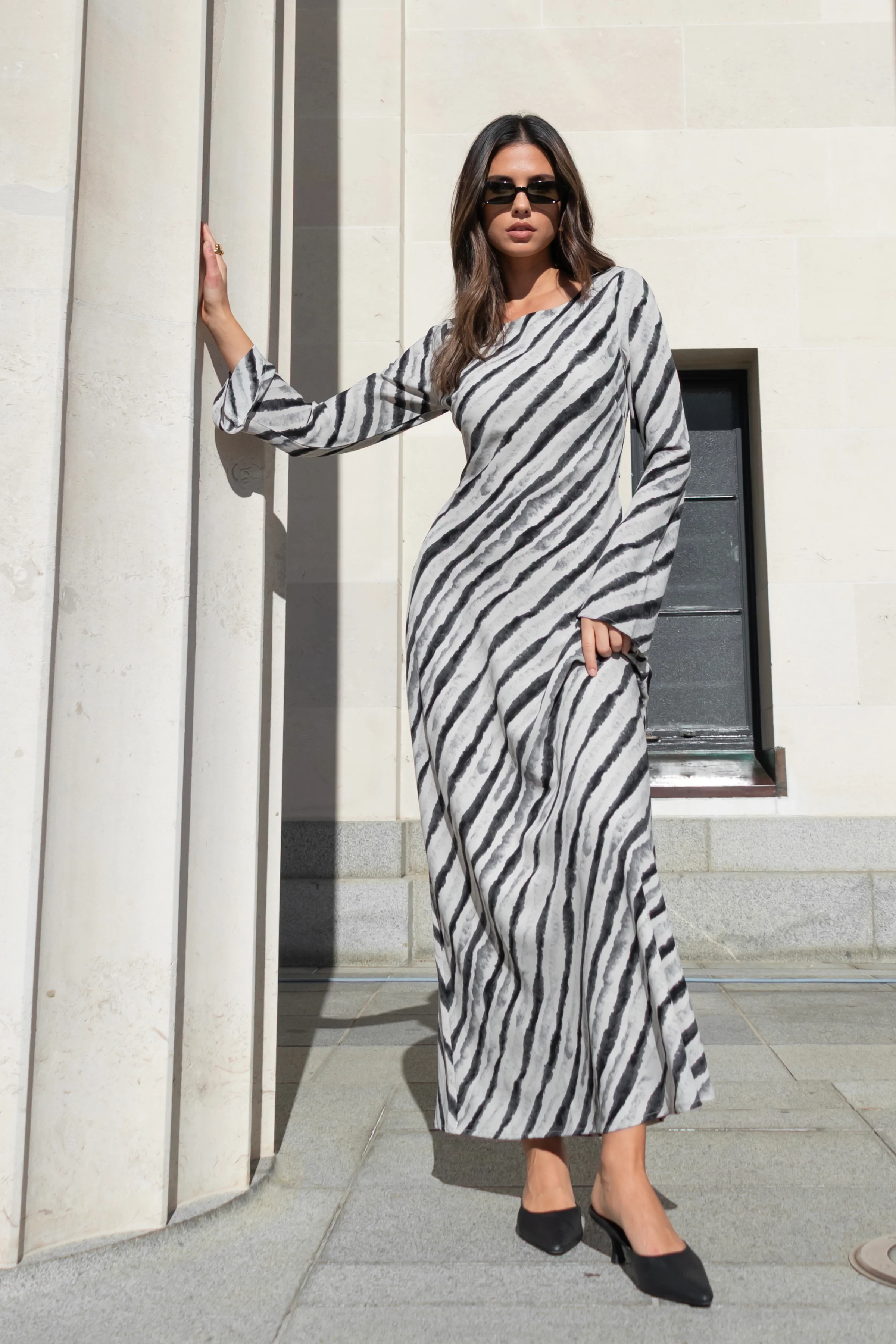 Luminous Charcoal Irregular Stripe Fluted Sleeve Bias Maxi Dress