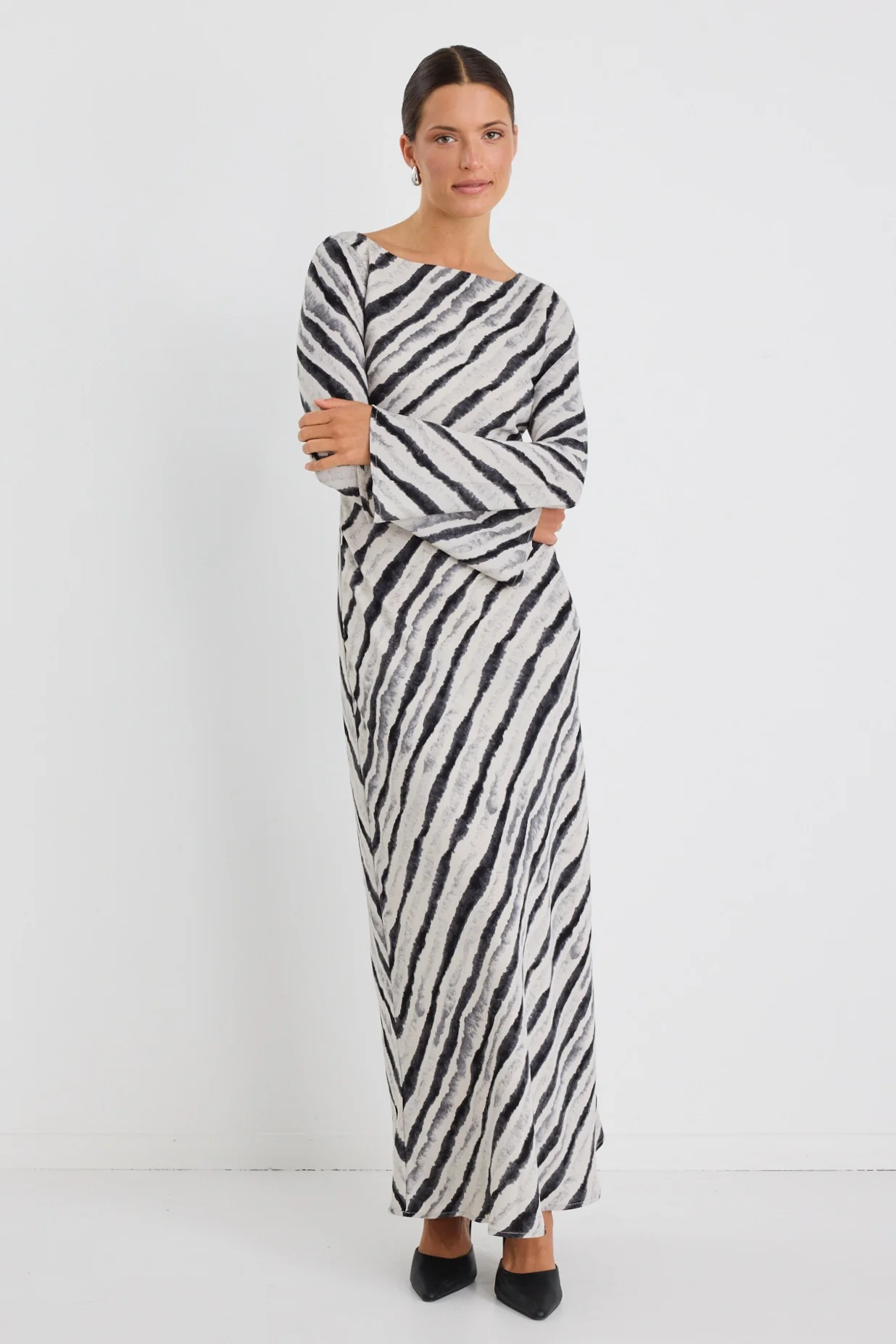 Luminous Charcoal Irregular Stripe Fluted Sleeve Bias Maxi Dress - Image 3