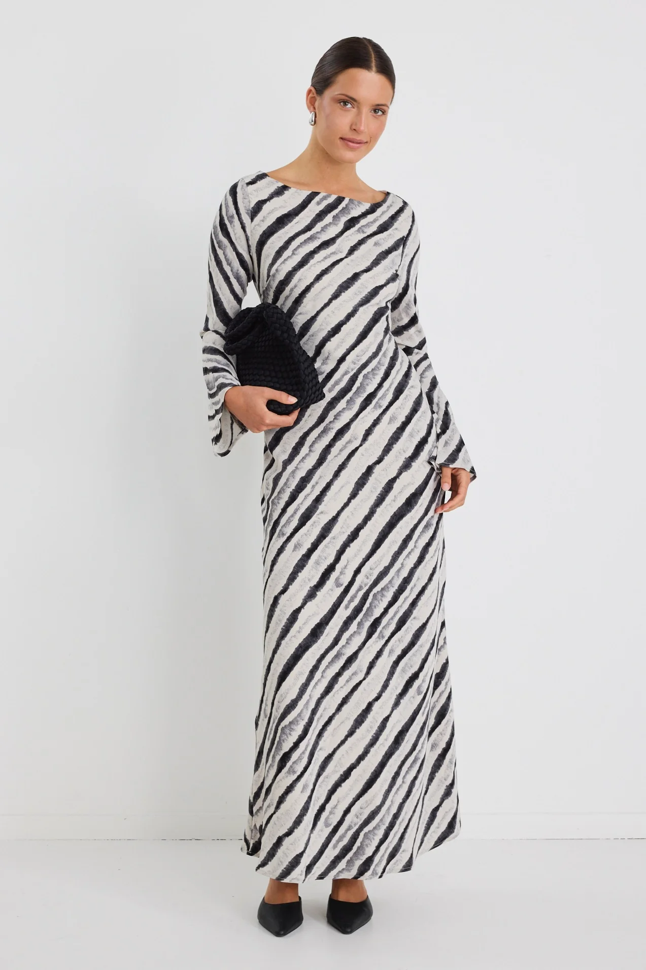 Luminous Charcoal Irregular Stripe Fluted Sleeve Bias Maxi Dress - Image 4