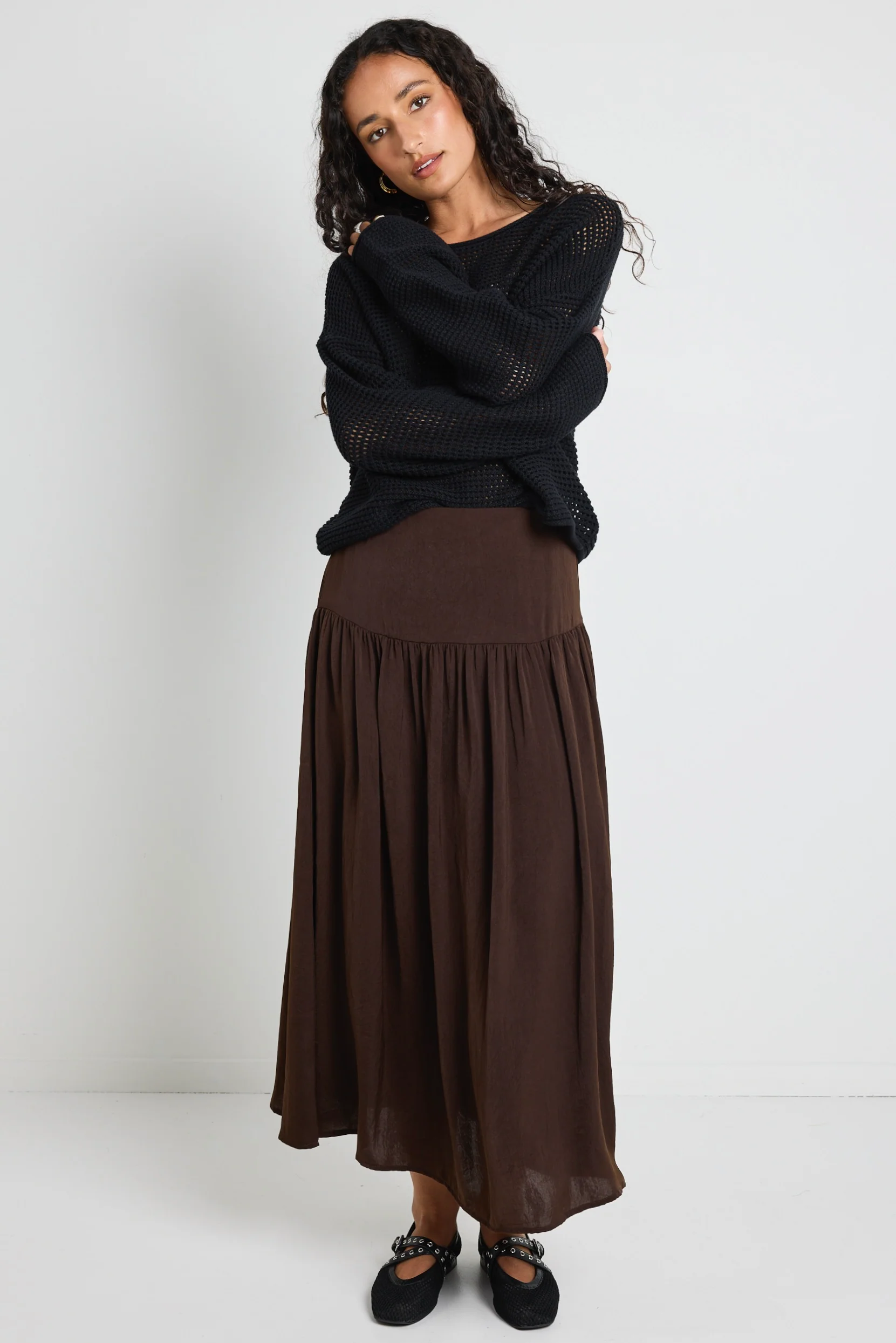 Lupe Espresso Hammered Satin Midi Skirt - Image 3
