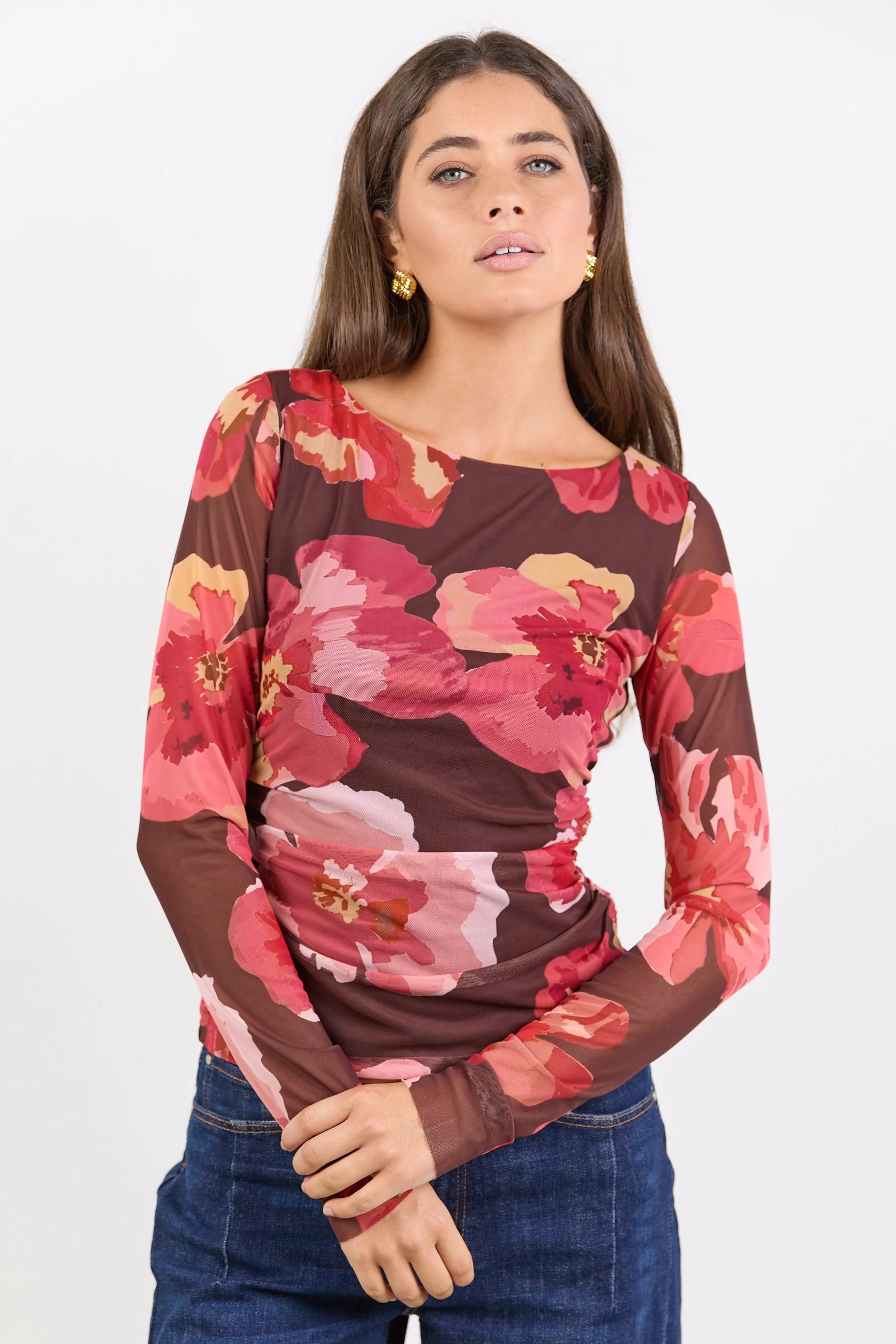 Magnitude Chocolate Red Floral Mesh Long Sleeve Mesh Top
