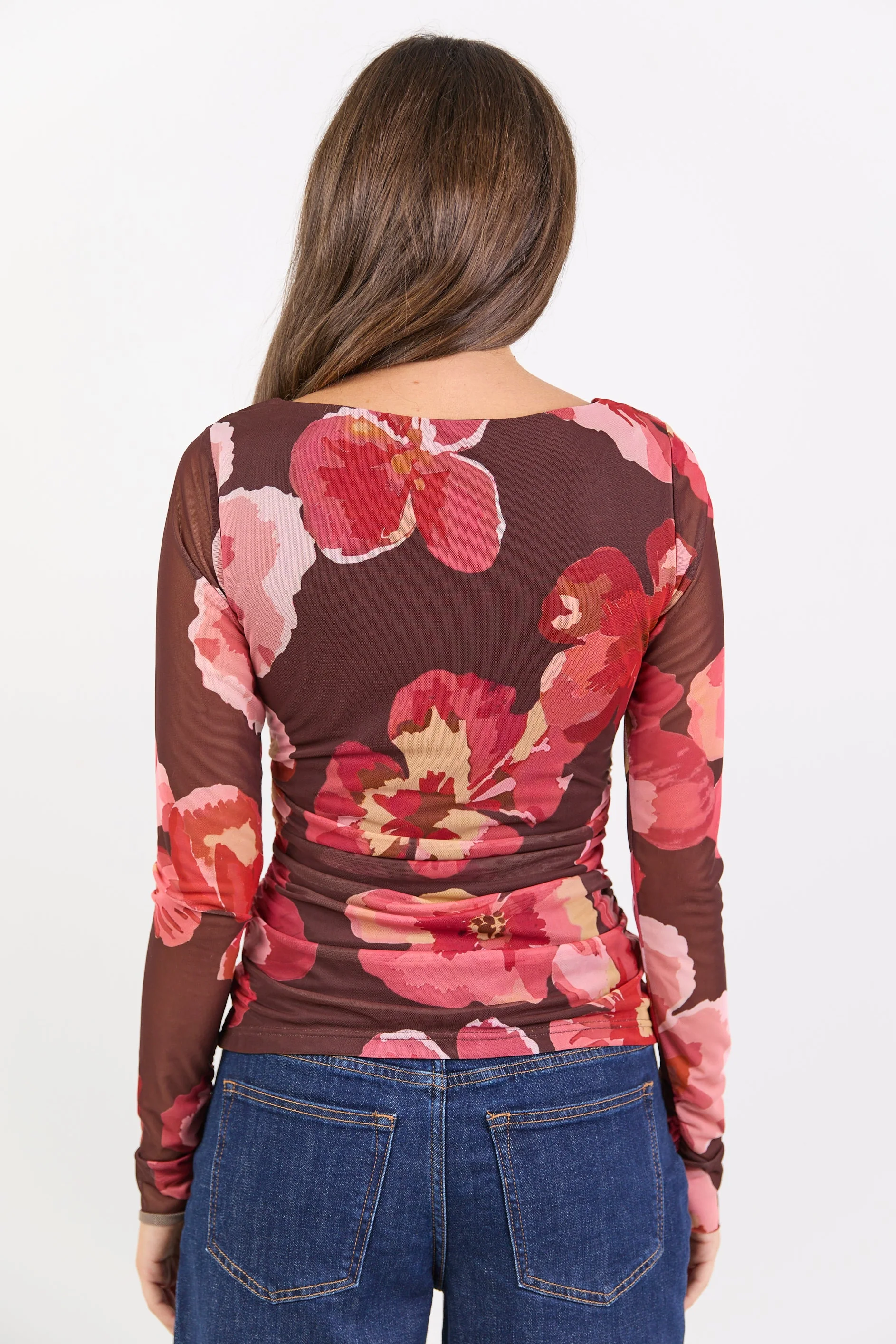 Magnitude Chocolate Red Floral Mesh Long Sleeve Mesh Top - Image 5