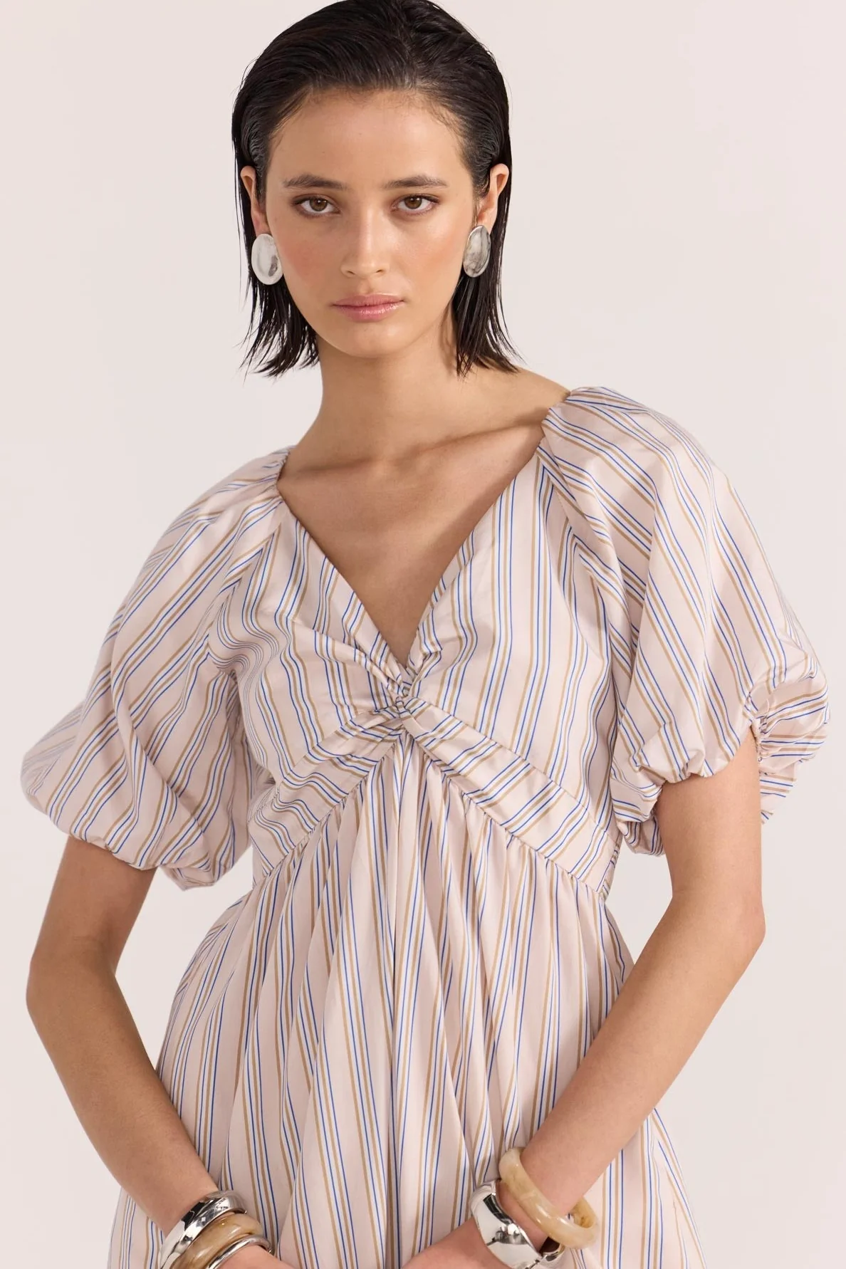 Mallory Beige Stripe Twist Front Dress - Image 2