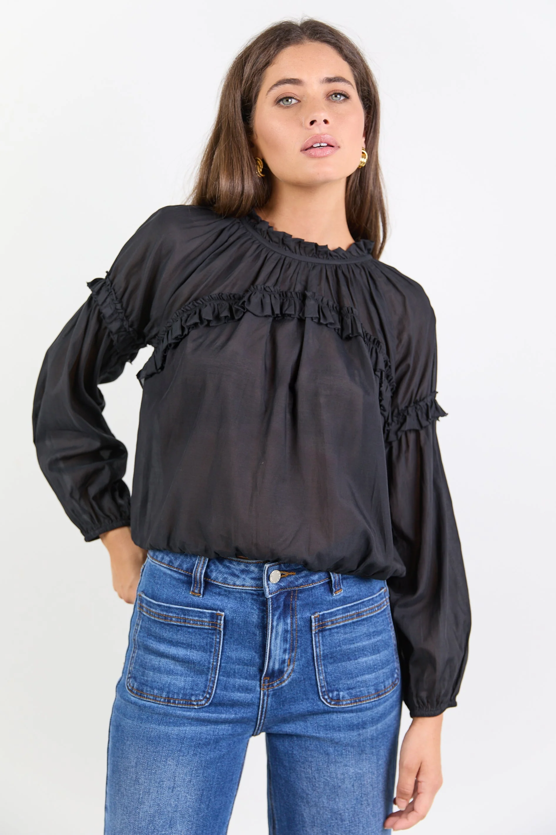 Manifest Black Voile Frill Detail LS Top