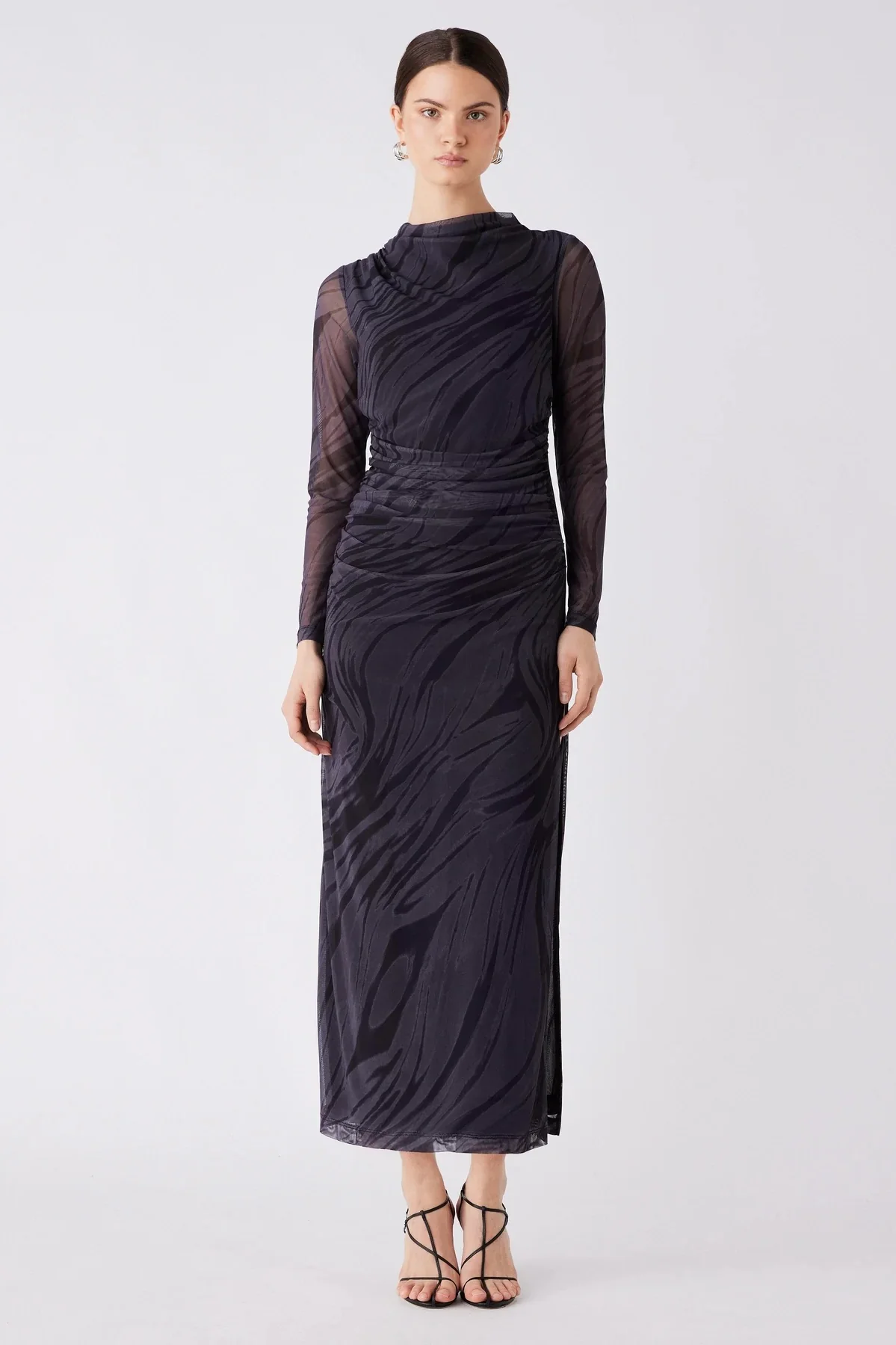 Marble Charcoal Print Mesh LS Midi Dress - Image 2