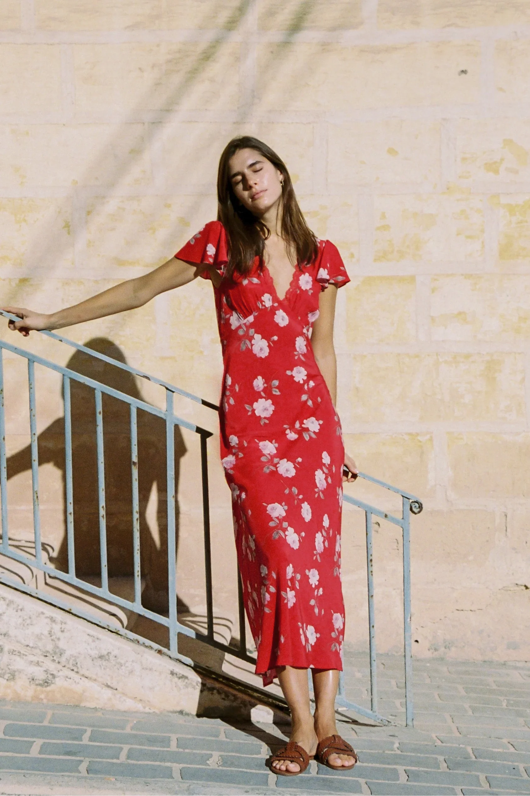 Marena Red Floral Midi Lace V Neck Flutter Sleeve Midi Dress - Image 2