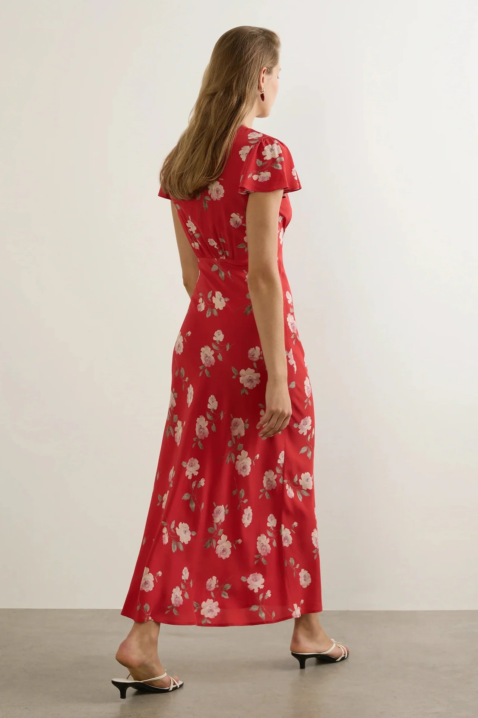Marena Red Floral Midi Lace V Neck Flutter Sleeve Midi Dress - Image 3