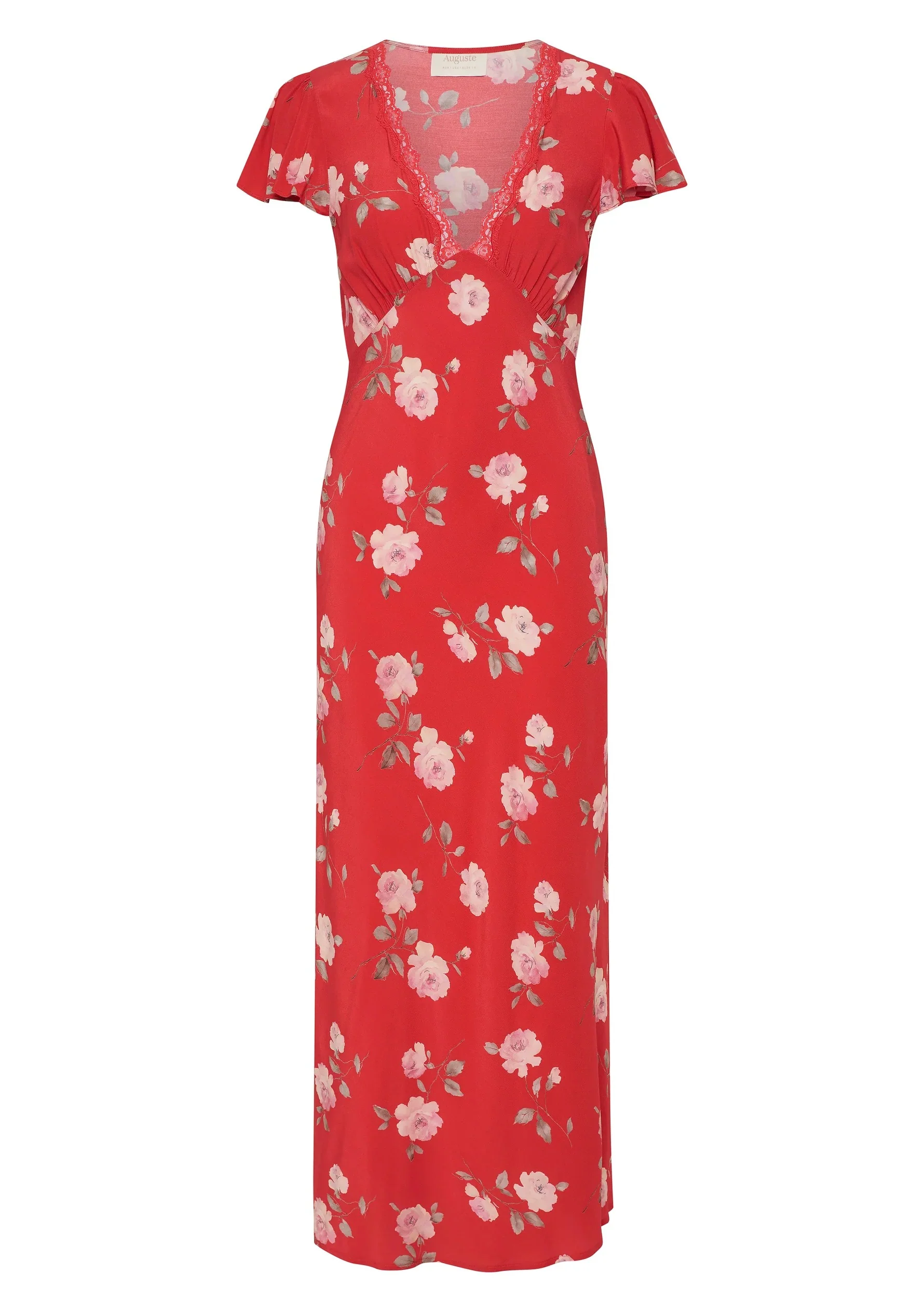 Marena Red Floral Midi Lace V Neck Flutter Sleeve Midi Dress - Image 4