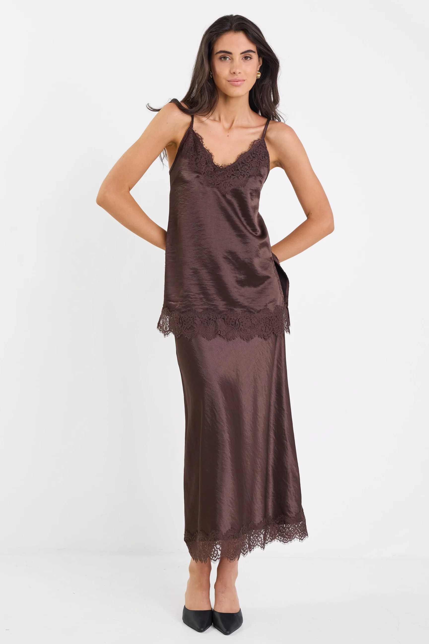 Margarita Chocolate Satin Lace Trim Bias Maxi Skirt - Image 2