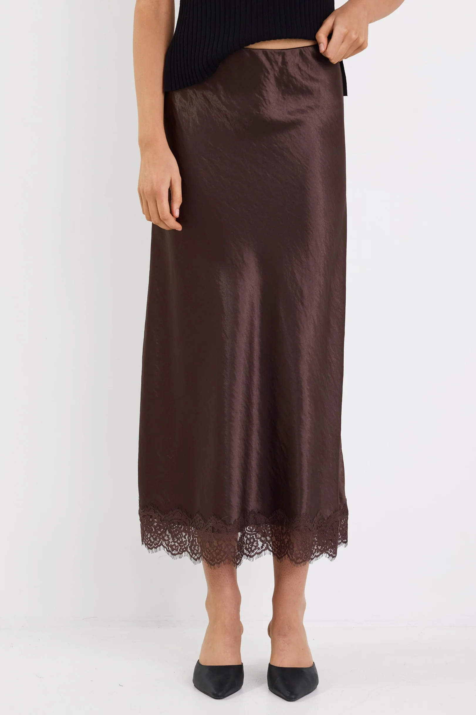 Margarita Chocolate Satin Lace Trim Bias Maxi Skirt - Image 3