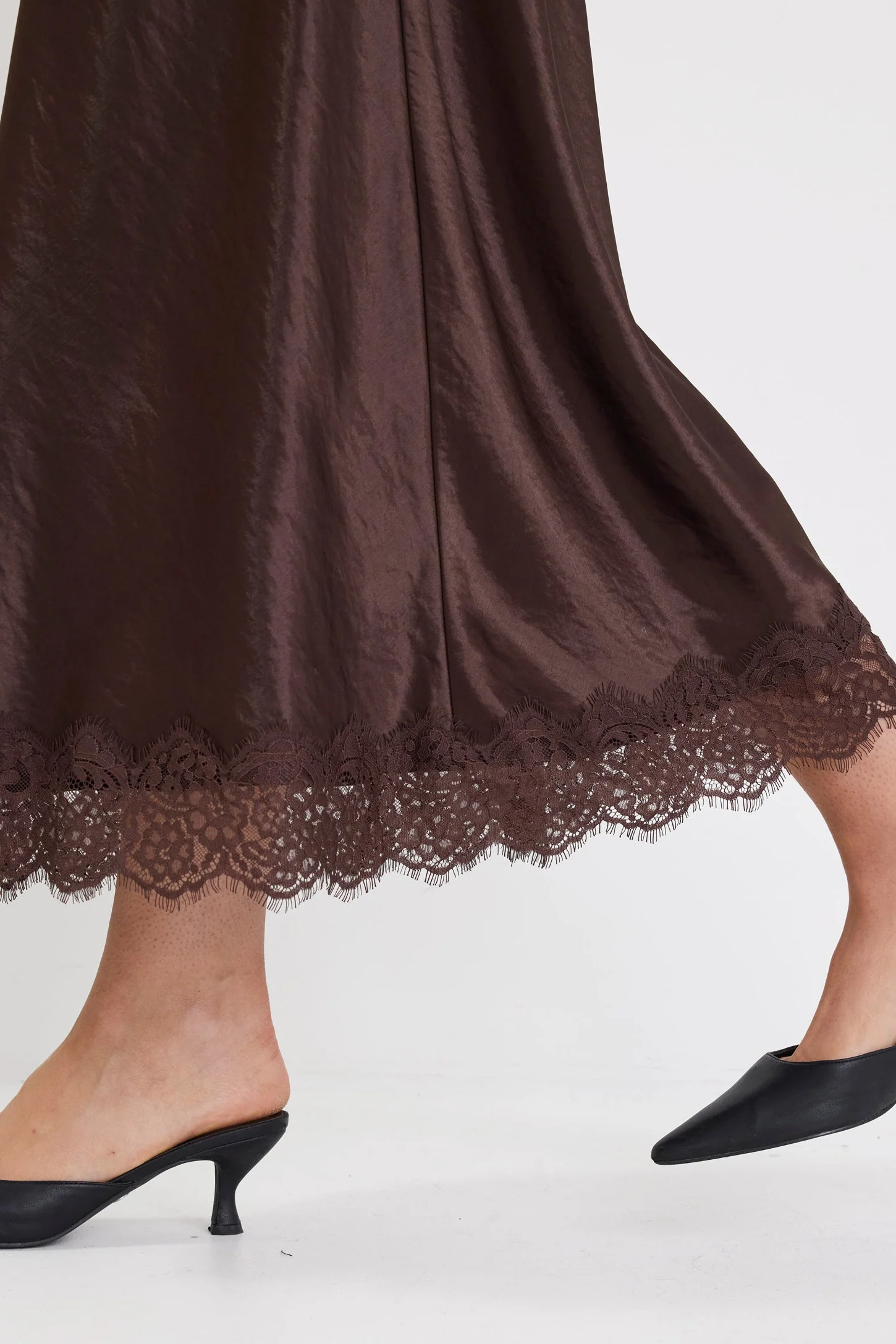 Margarita Chocolate Satin Lace Trim Bias Maxi Skirt - Image 4