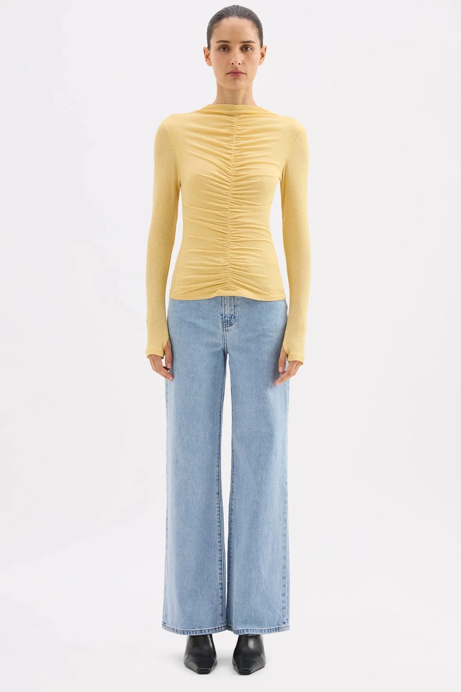 Marti Butter Ruched Front Ruched Front LS Mesh Top - Image 5