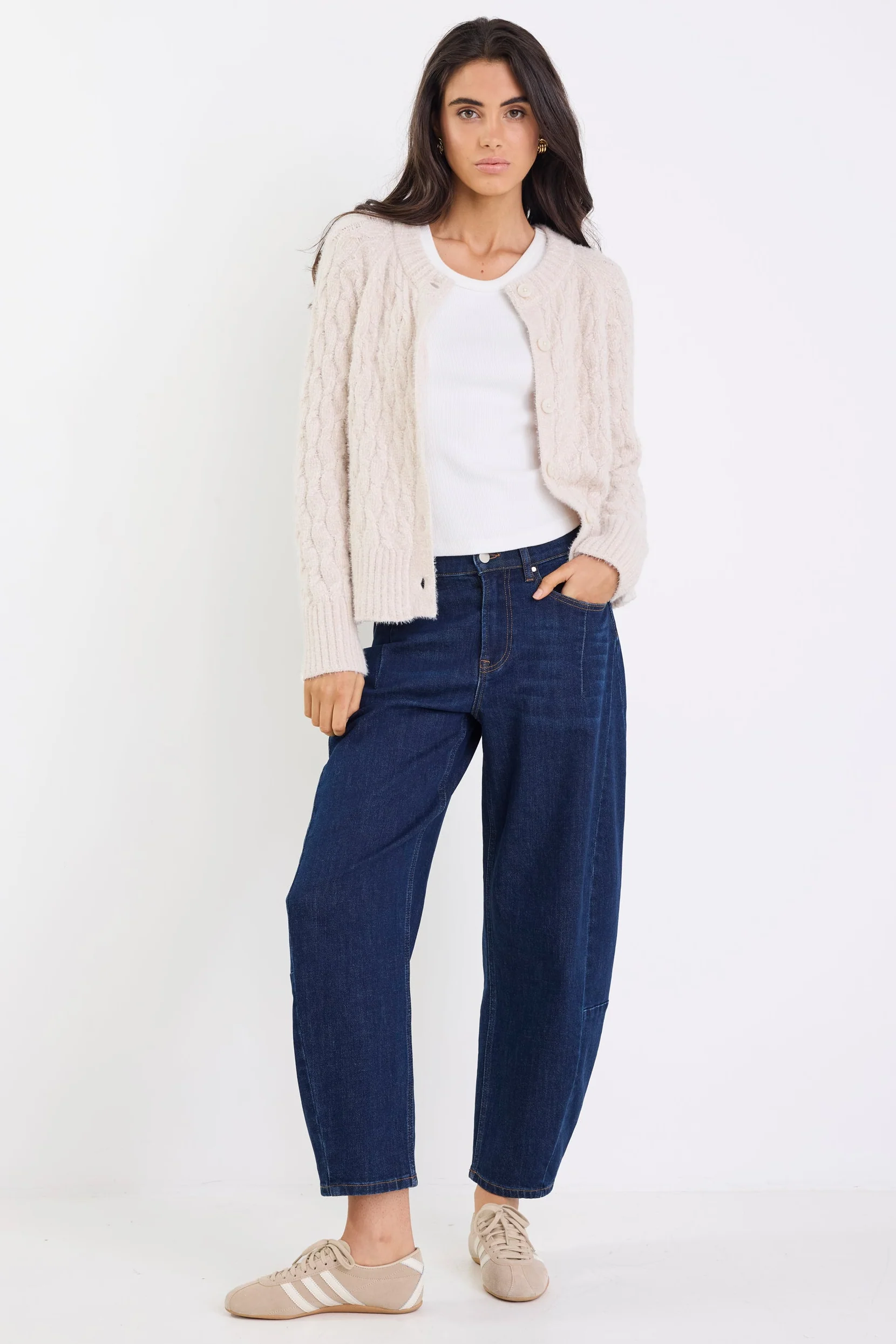 Milestone Oat Crewneck Cable Knit Cardigan - Image 2