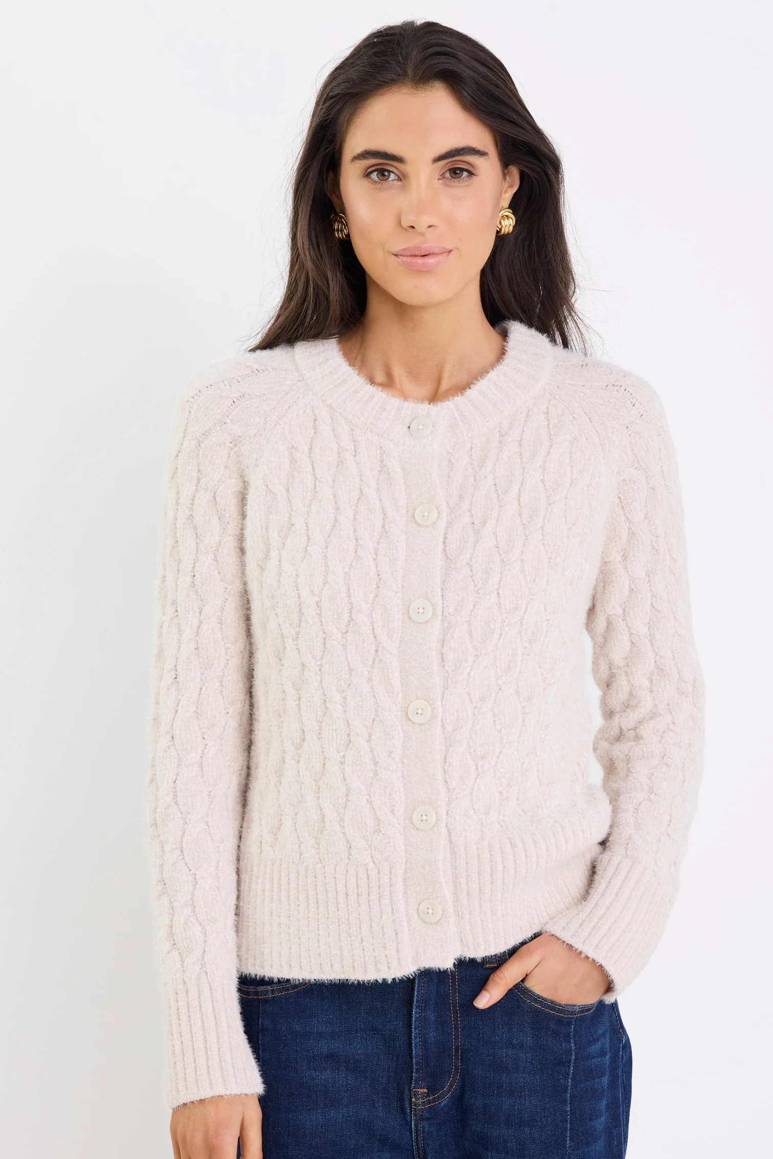 Milestone Oat Crewneck Cable Knit Cardigan - Image 3