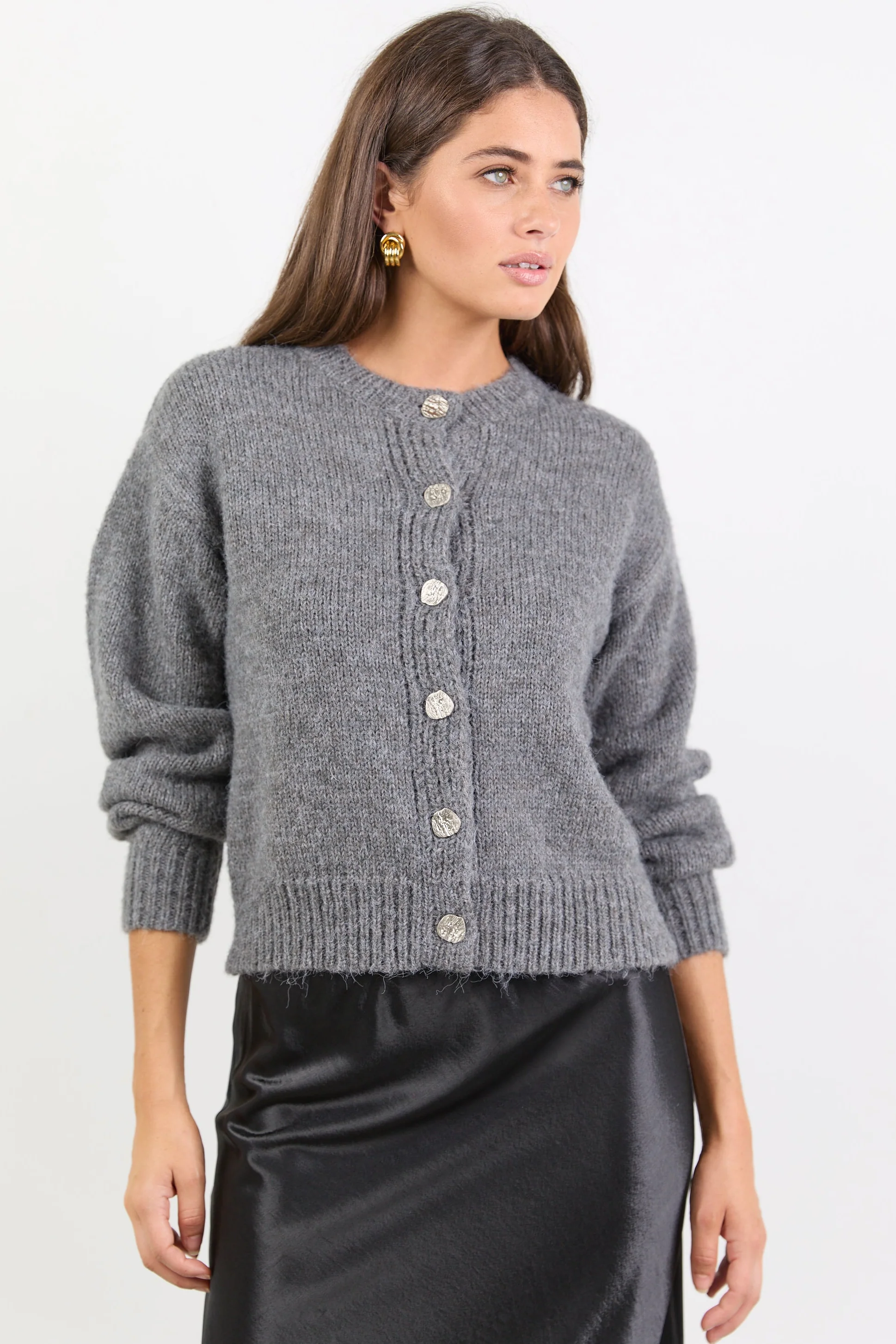 Mirage Grey Marle Fluffy Crewneck Cardigan - Image 5
