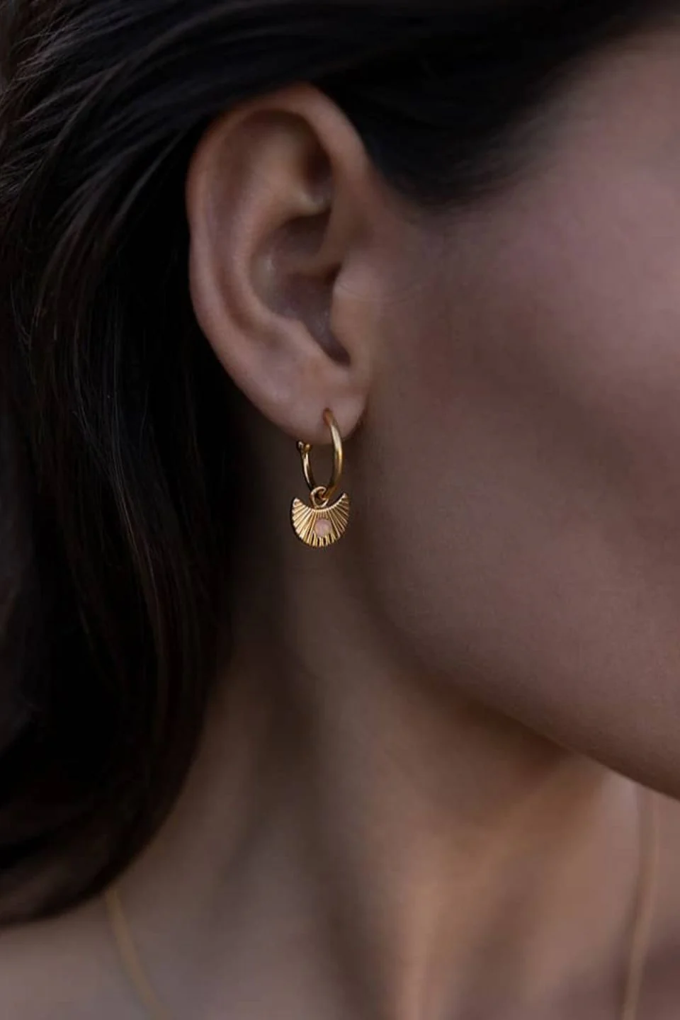 Moon Gazer 18k Gold Plate with Blush Pink Stone Hoop Earring - Image 2
