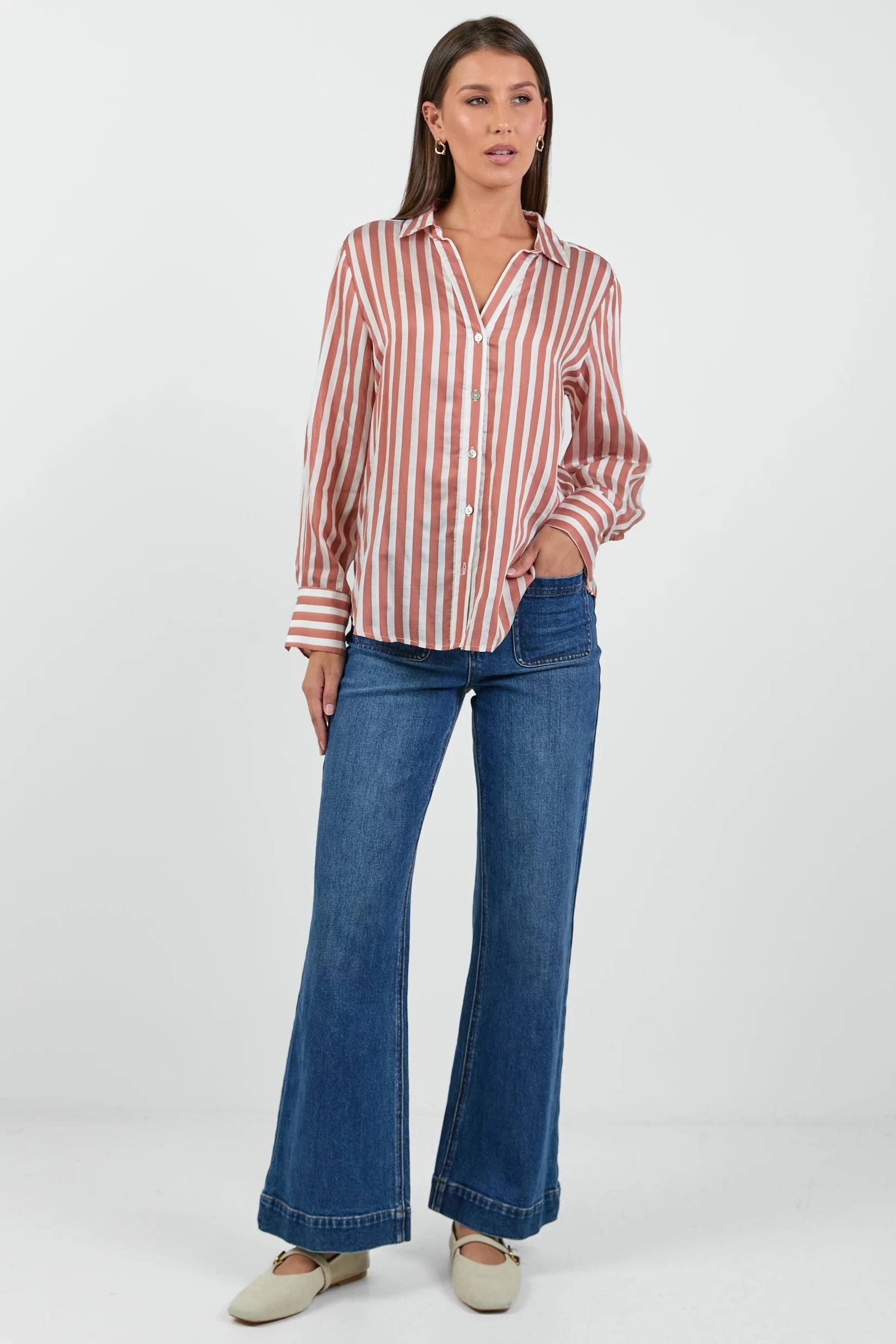Narrative Ochre Stripe Semi Sheer Long Sleeve Shirt - Image 5