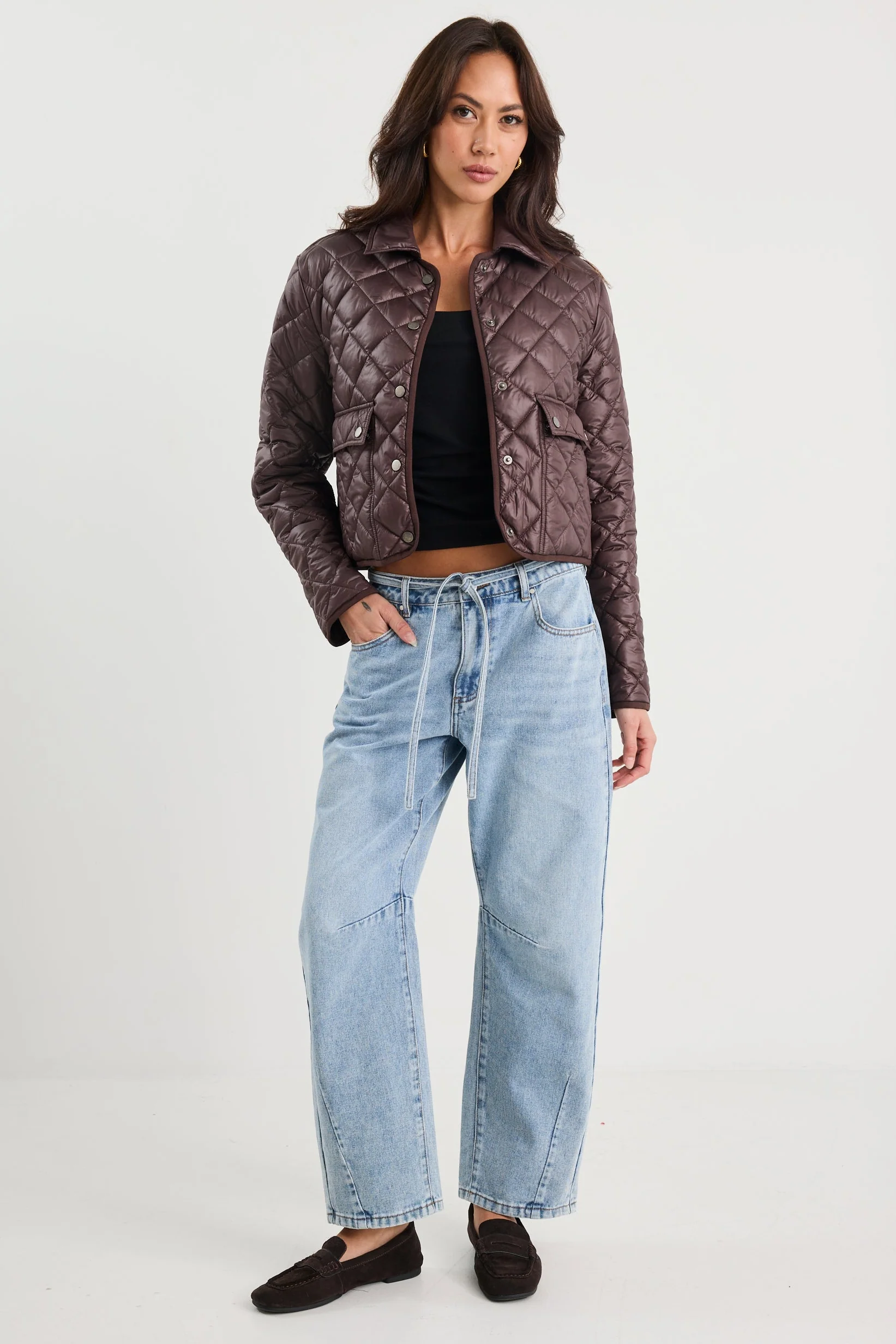 Navigate Chocolate Quilted Soft Sheen Collared Jacket - Image 4