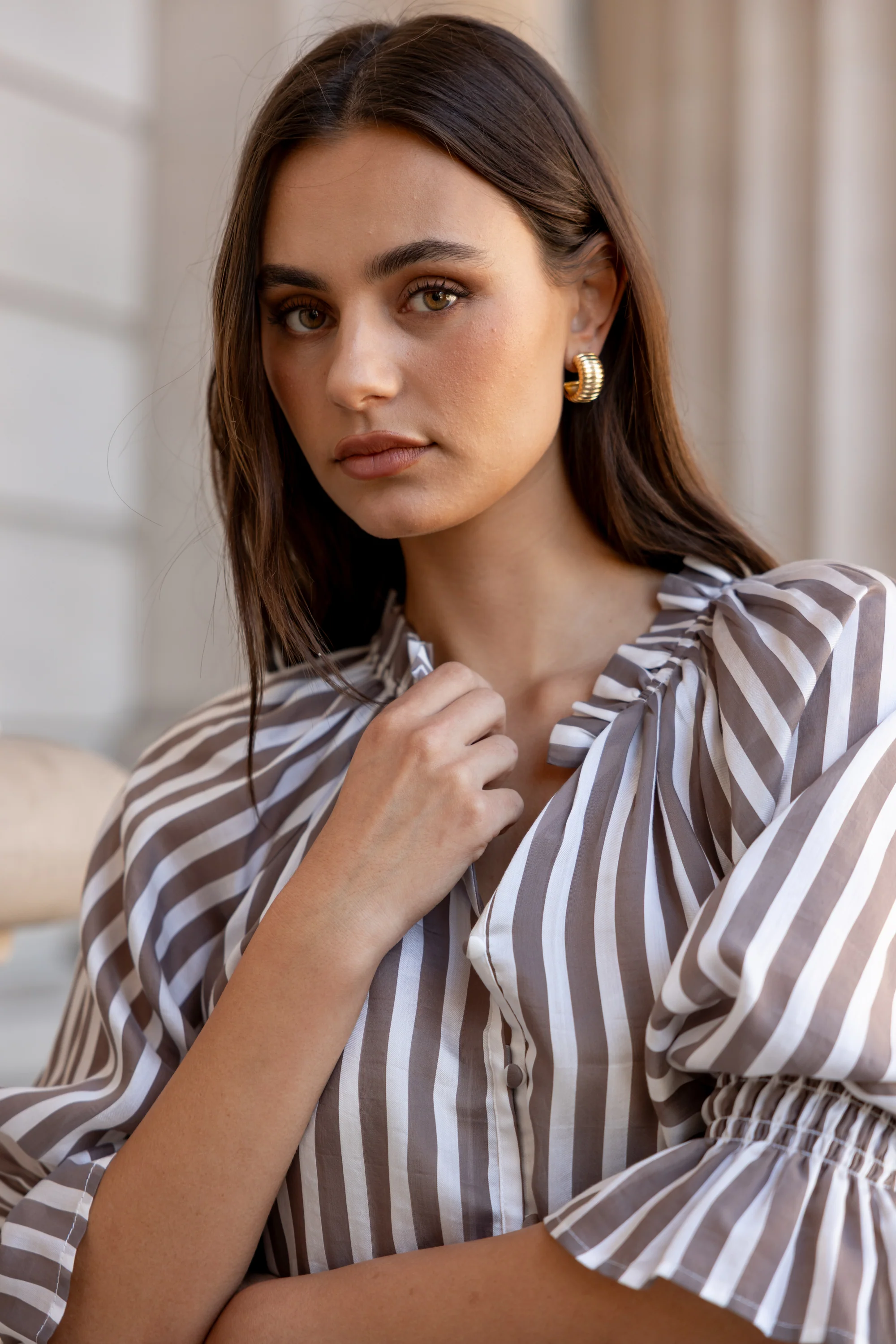 Noetic Chocolate Stripe Short Sleeve Blouse - Image 2