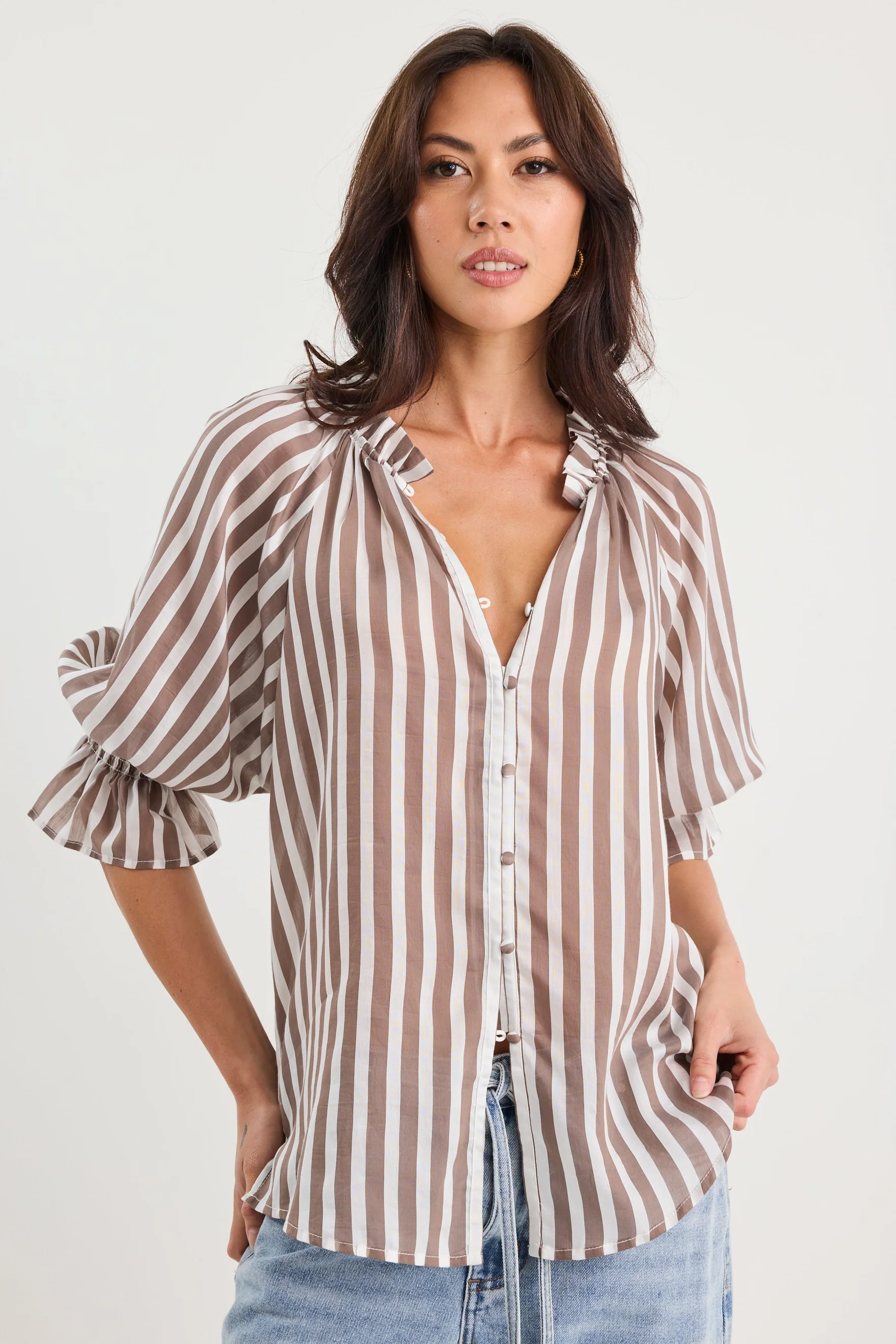 Noetic Chocolate Stripe Short Sleeve Blouse - Image 3