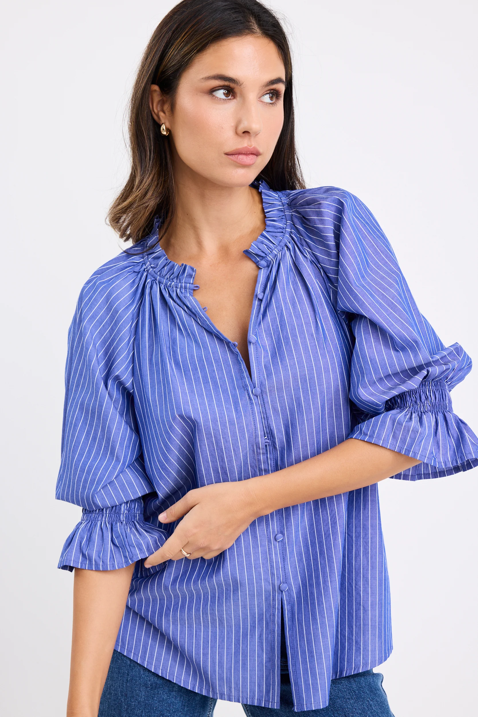 Noetic Dark Blue Stripe Short Sleeve Blouse - Image 2