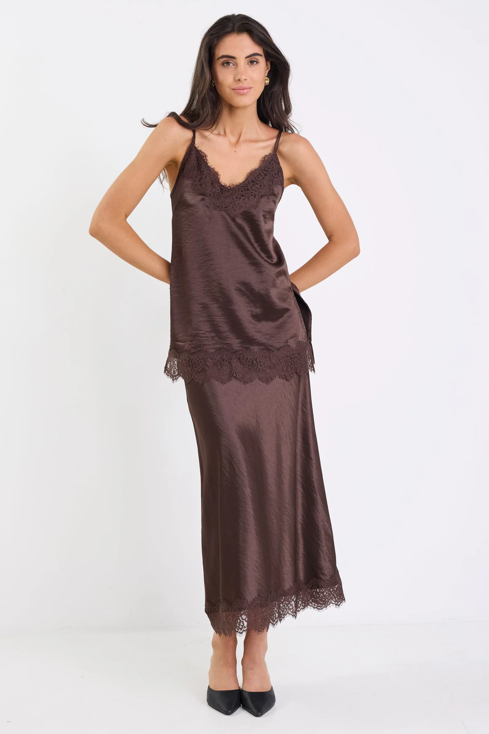 Noir Chocolate Satin Lace Trim Cami - Image 6