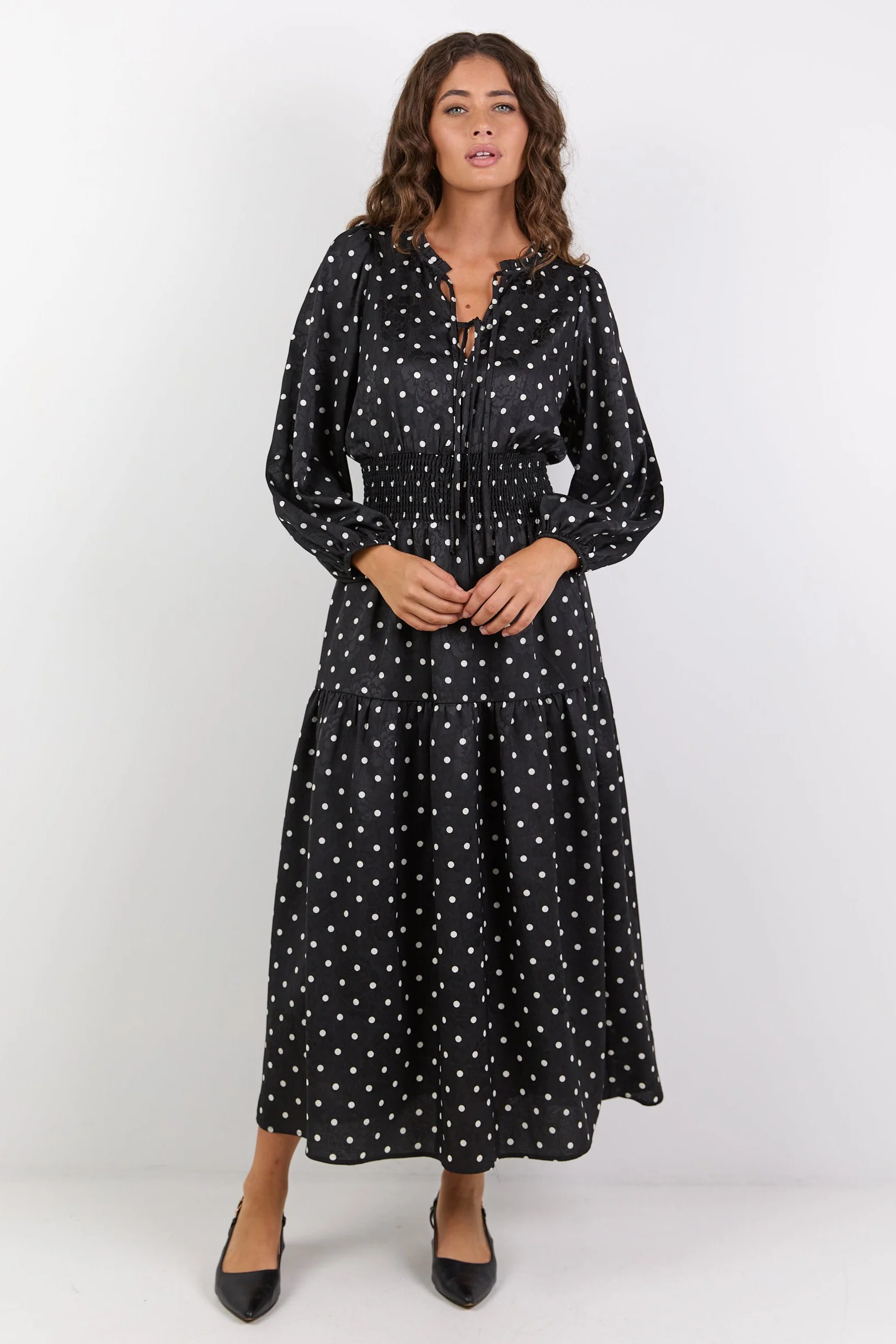 Nuance Black Mini Polka Dot Long Sleeve V Neck Shirred Waist Tiered Midi Dress