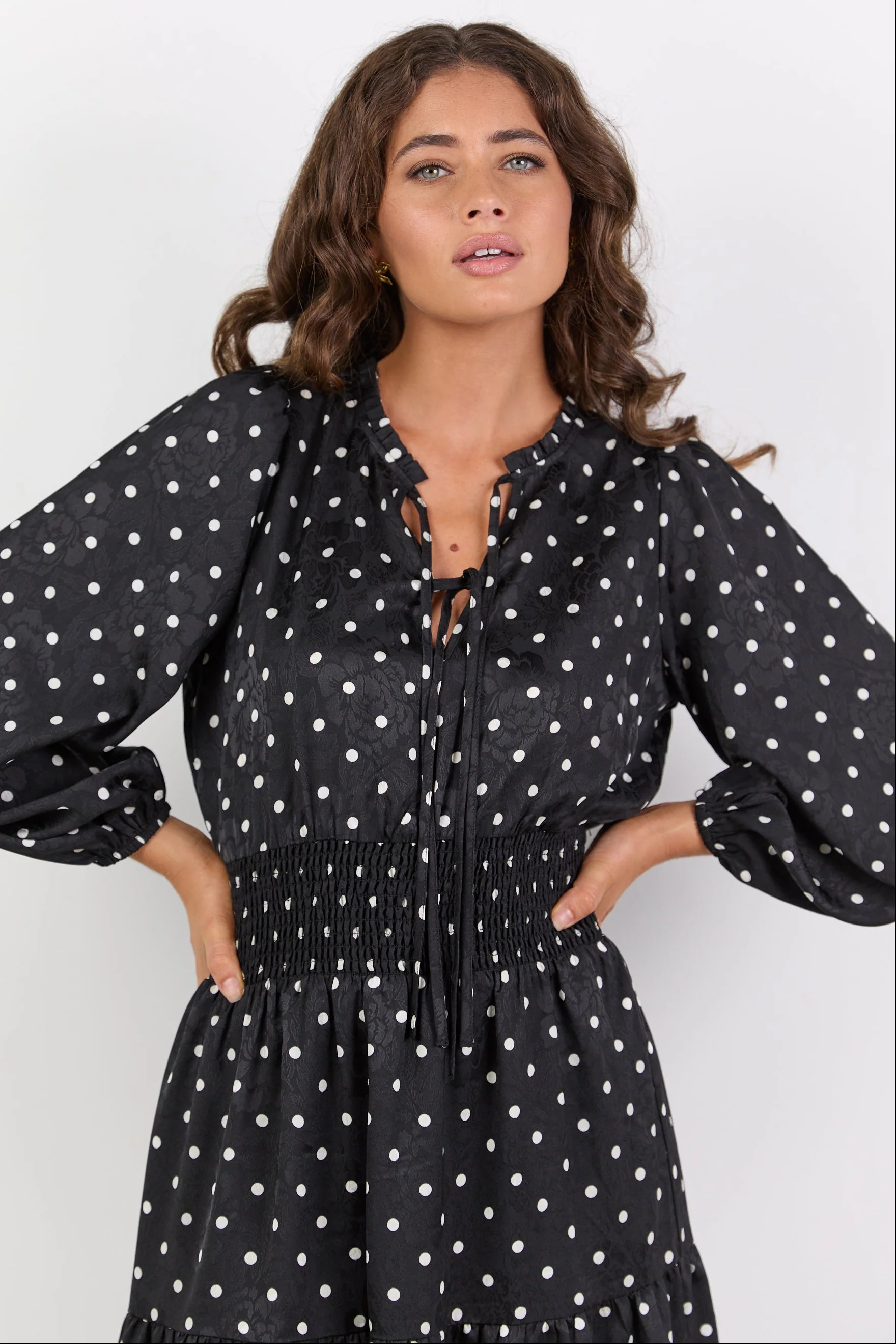 Nuance Black Mini Polka Dot Long Sleeve V Neck Shirred Waist Tiered Midi Dress - Image 2