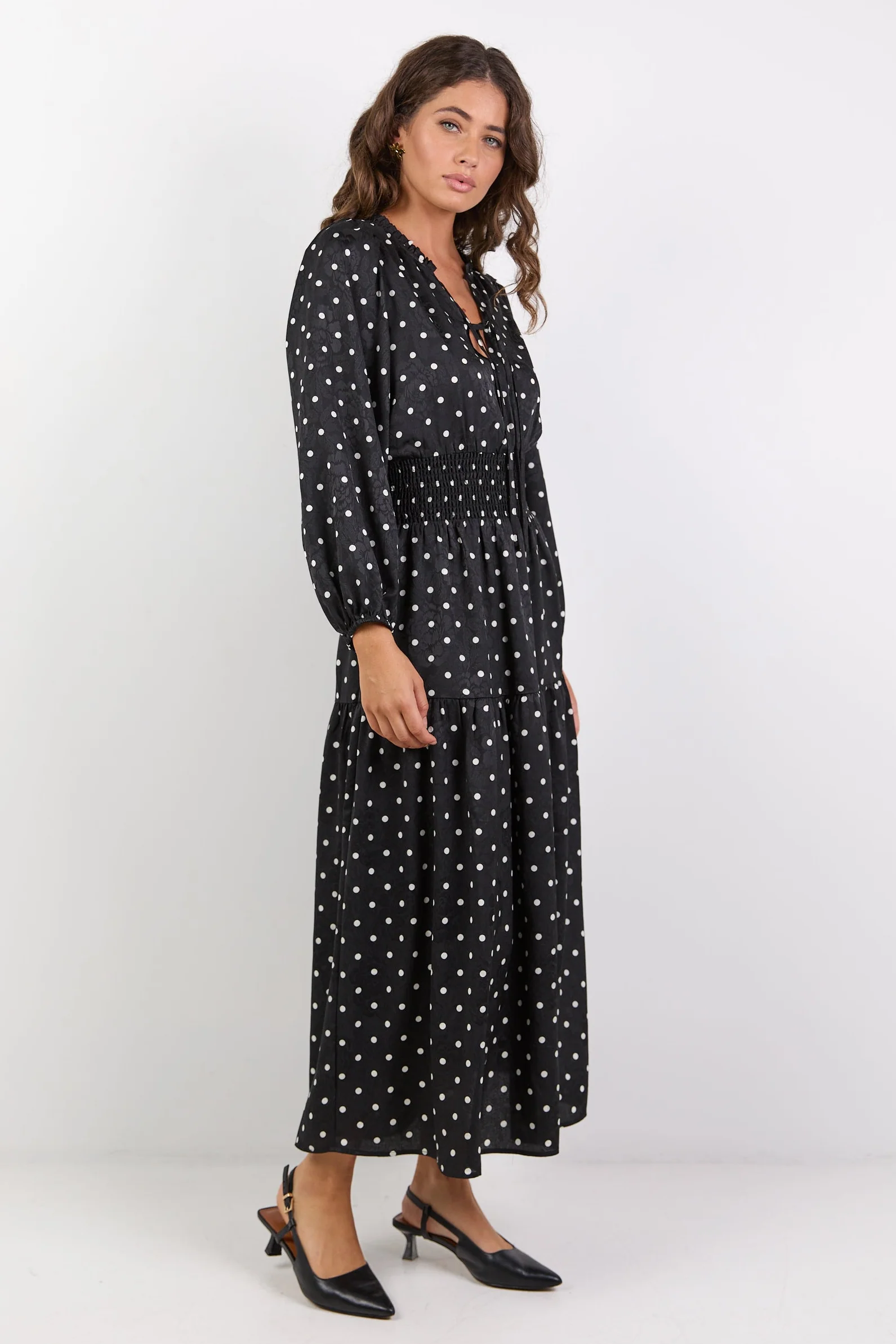 Nuance Black Mini Polka Dot Long Sleeve V Neck Shirred Waist Tiered Midi Dress - Image 3