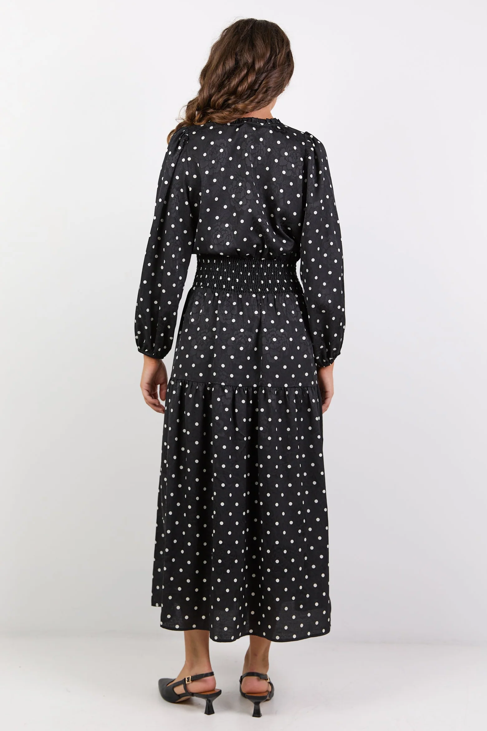 Nuance Black Mini Polka Dot Long Sleeve V Neck Shirred Waist Tiered Midi Dress - Image 4