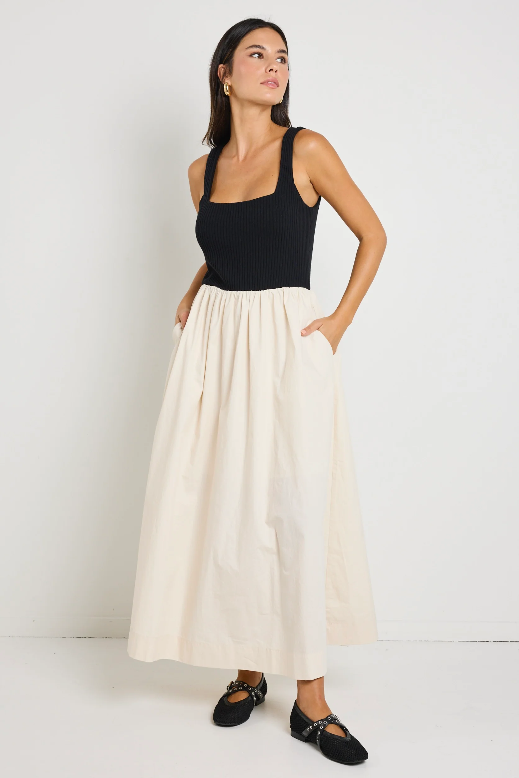 Obsidian Black and Ecru Square Neck Contrast Midi Dress - Image 2