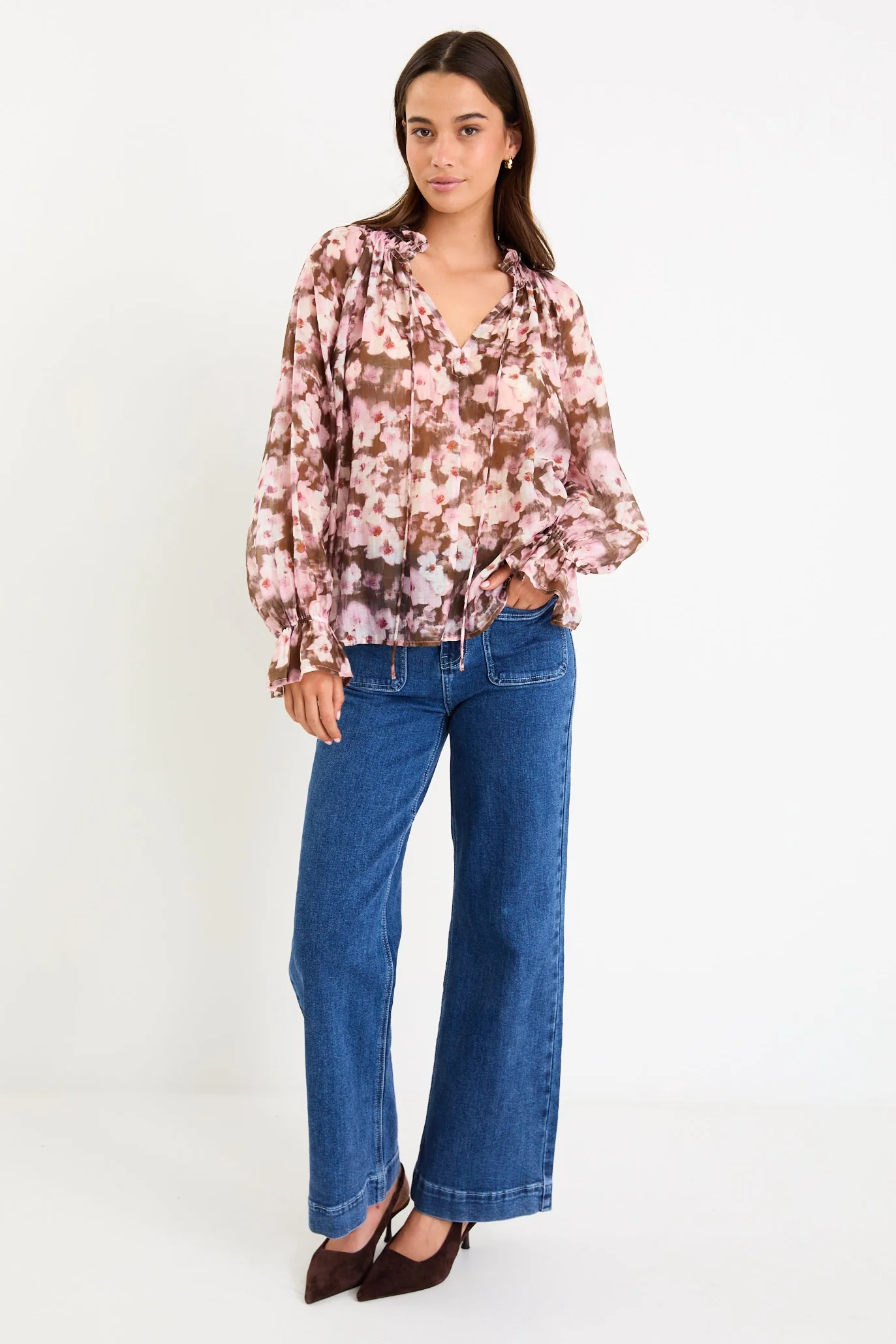 Odyssey Blush Chocolate Floral Shirred Neck LS Top - Image 3