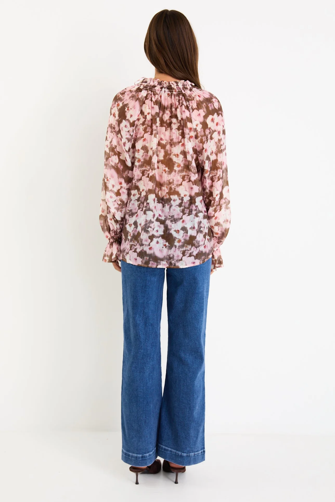 Odyssey Blush Chocolate Floral Shirred Neck LS Top - Image 4