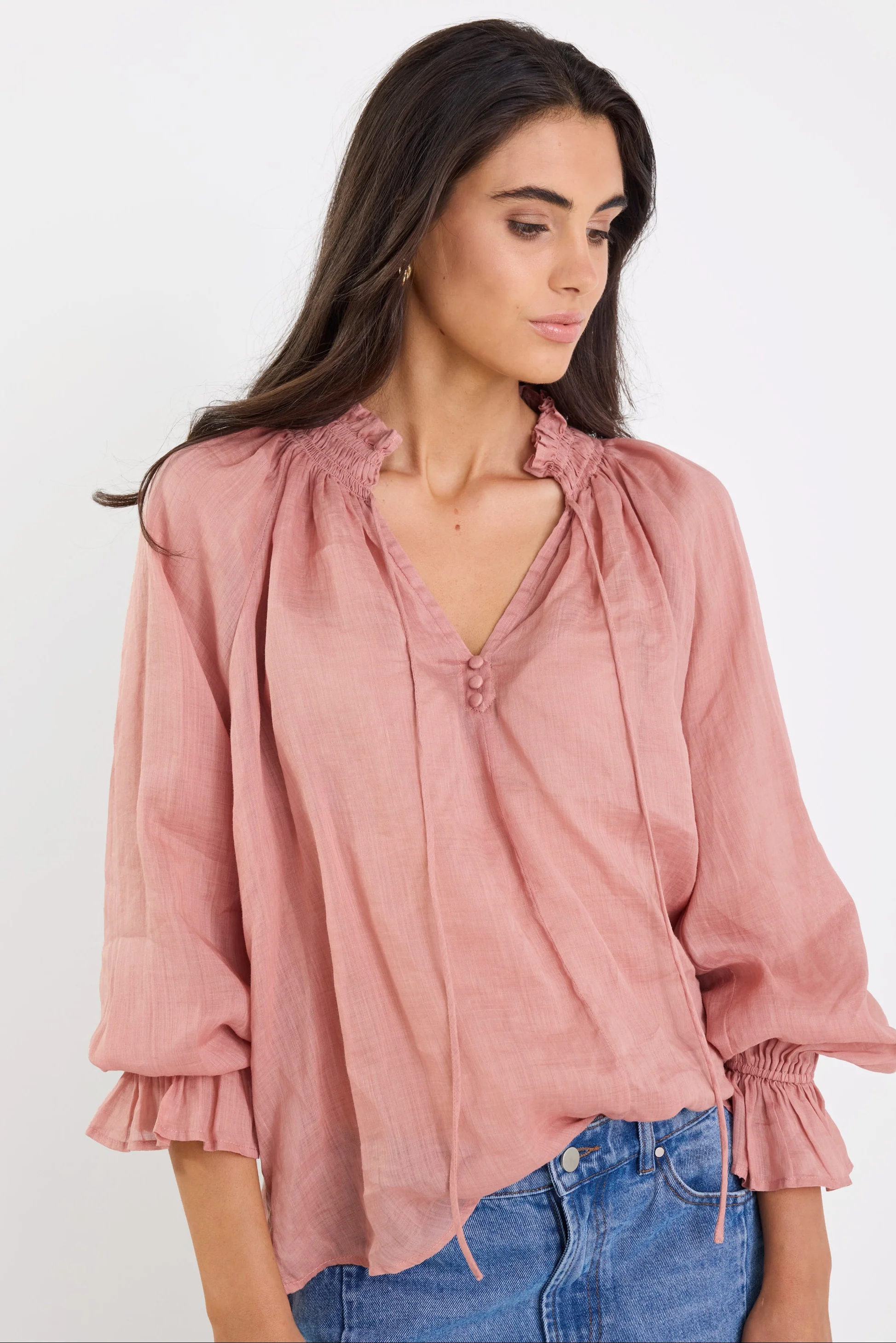 Odyssey Blush Shirred Neck Button Long Sleeve Top - Image 2