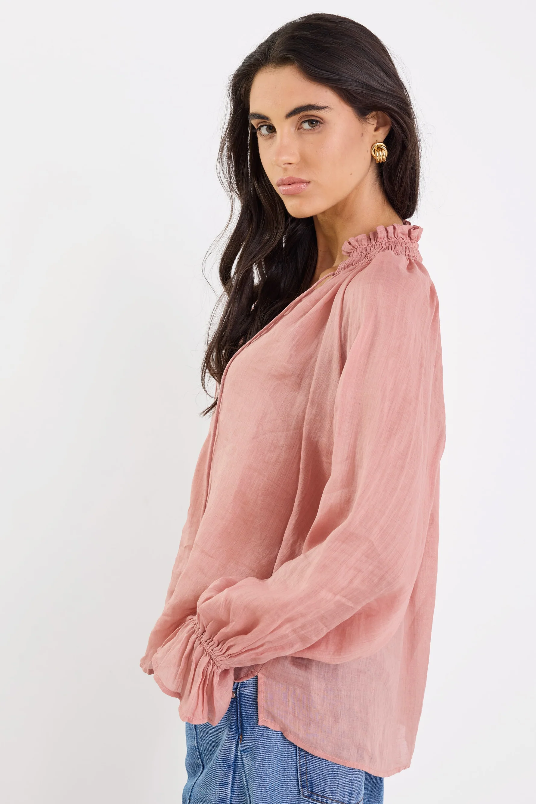 Odyssey Blush Shirred Neck Button Long Sleeve Top - Image 3