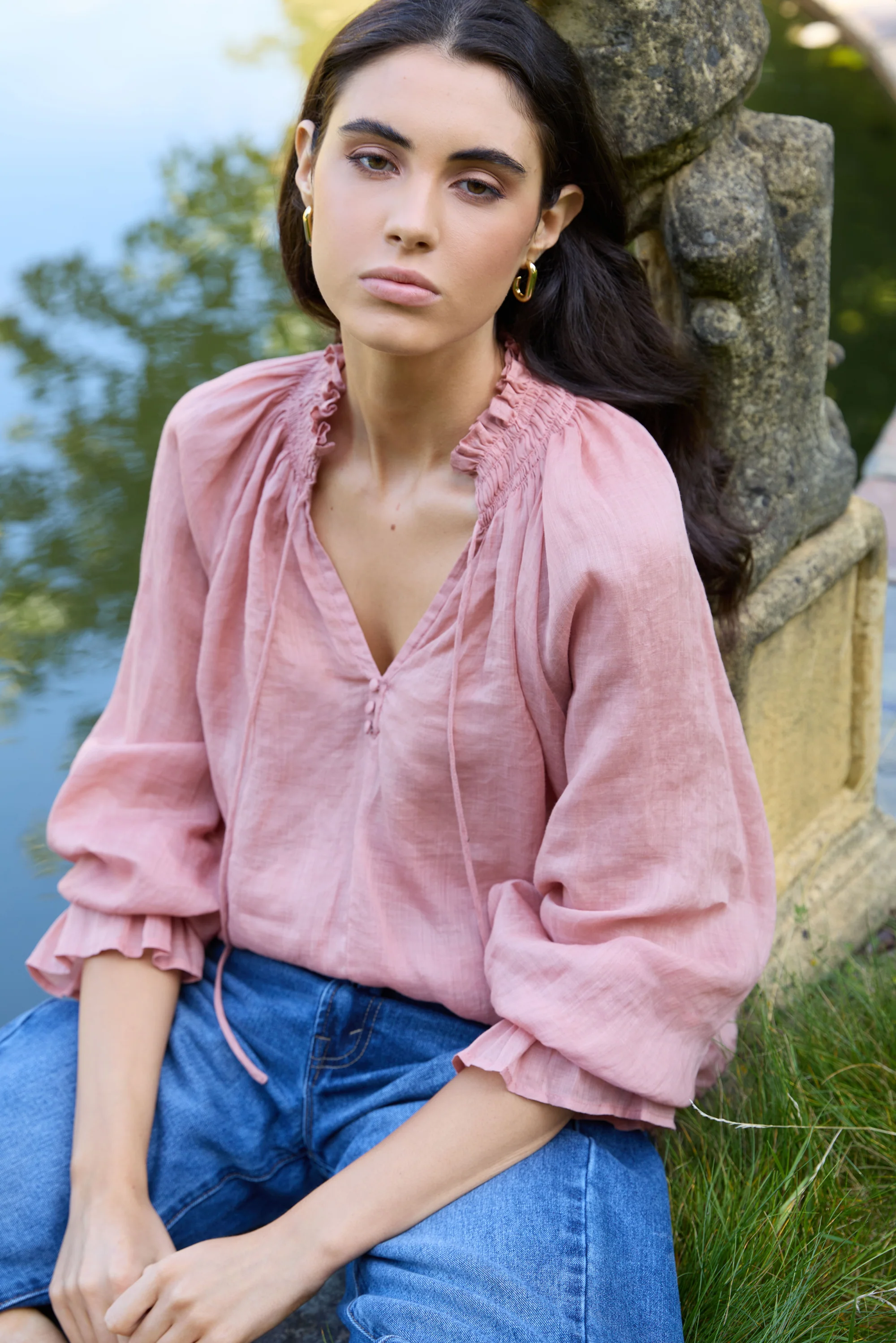 Odyssey Blush Shirred Neck Button Long Sleeve Top - Image 4