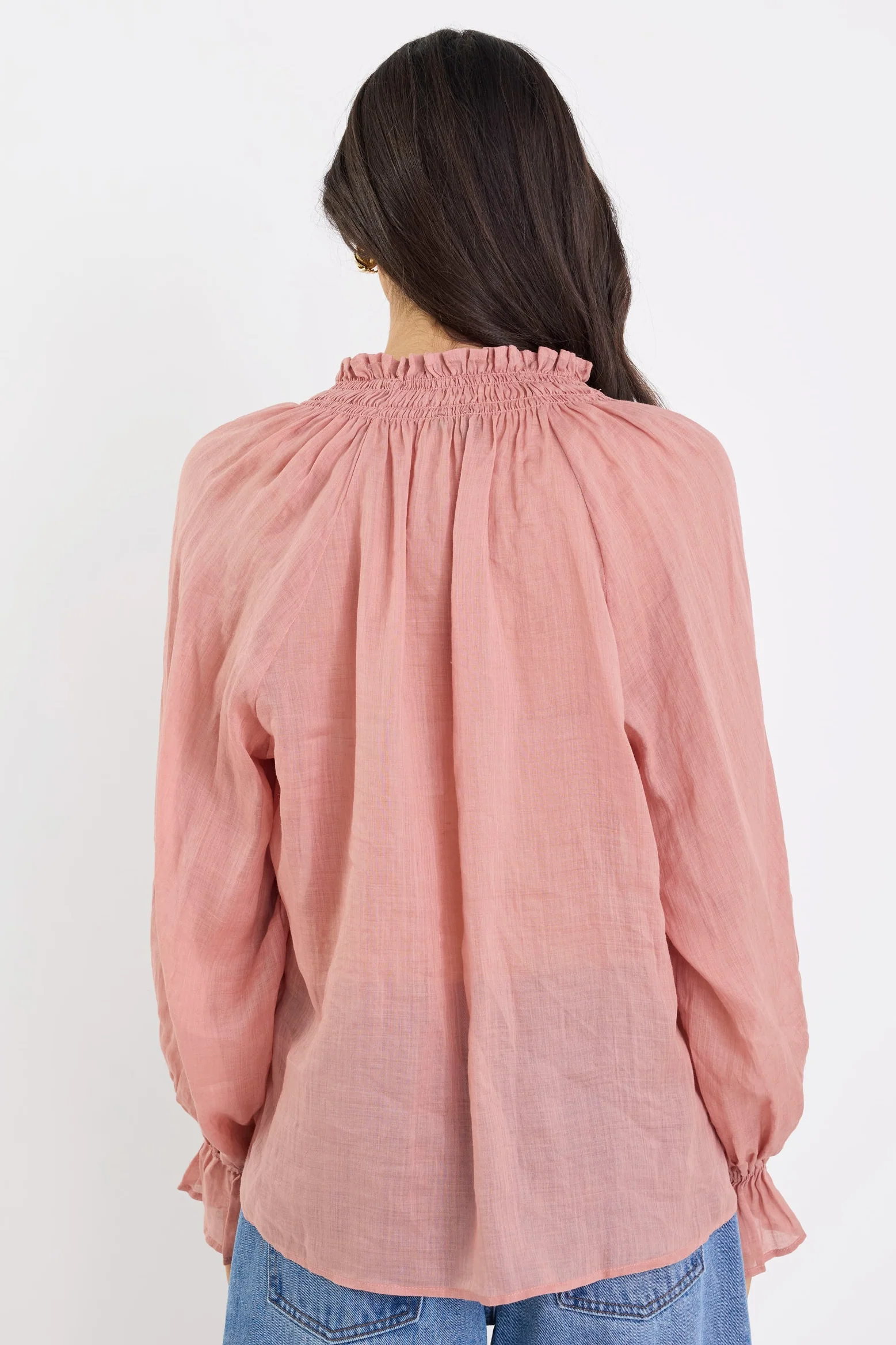 Odyssey Blush Shirred Neck Button Long Sleeve Top - Image 5