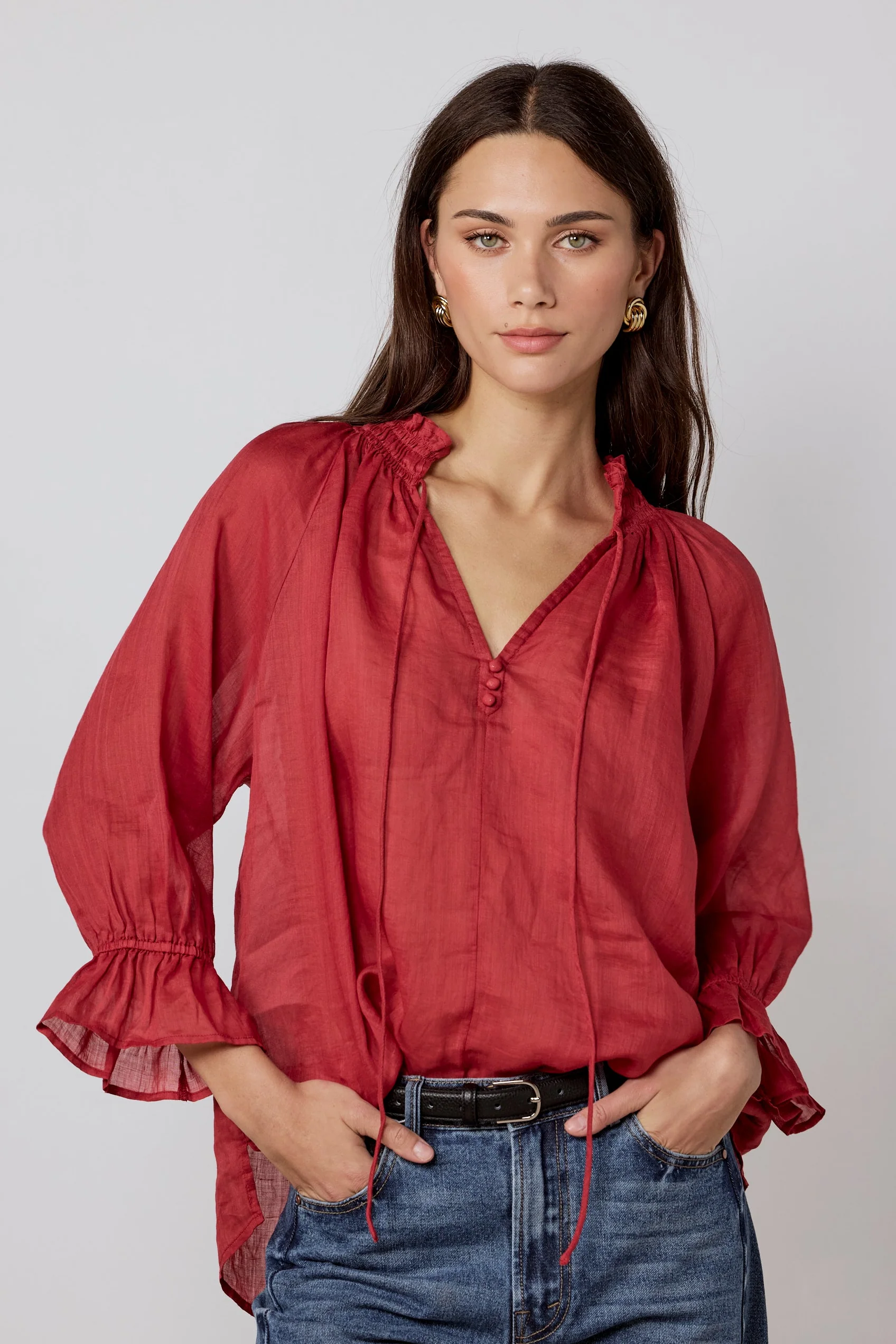 Odyssey Red Shirred Neck Button Mid Sleeve Top