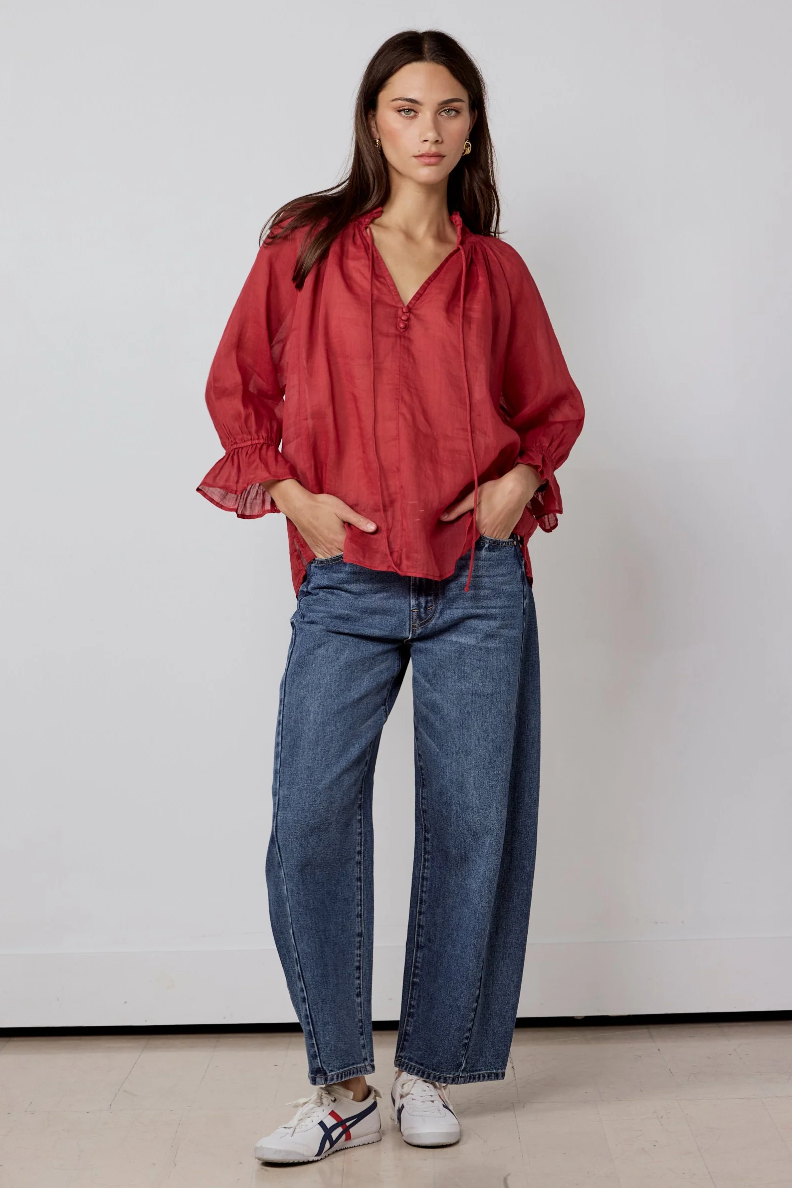 Odyssey Red Shirred Neck Button Mid Sleeve Top - Image 2