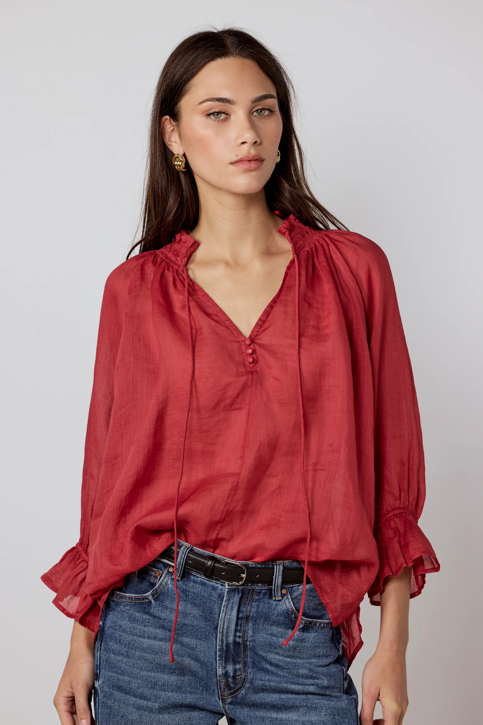 Odyssey Red Shirred Neck Button Mid Sleeve Top - Image 3