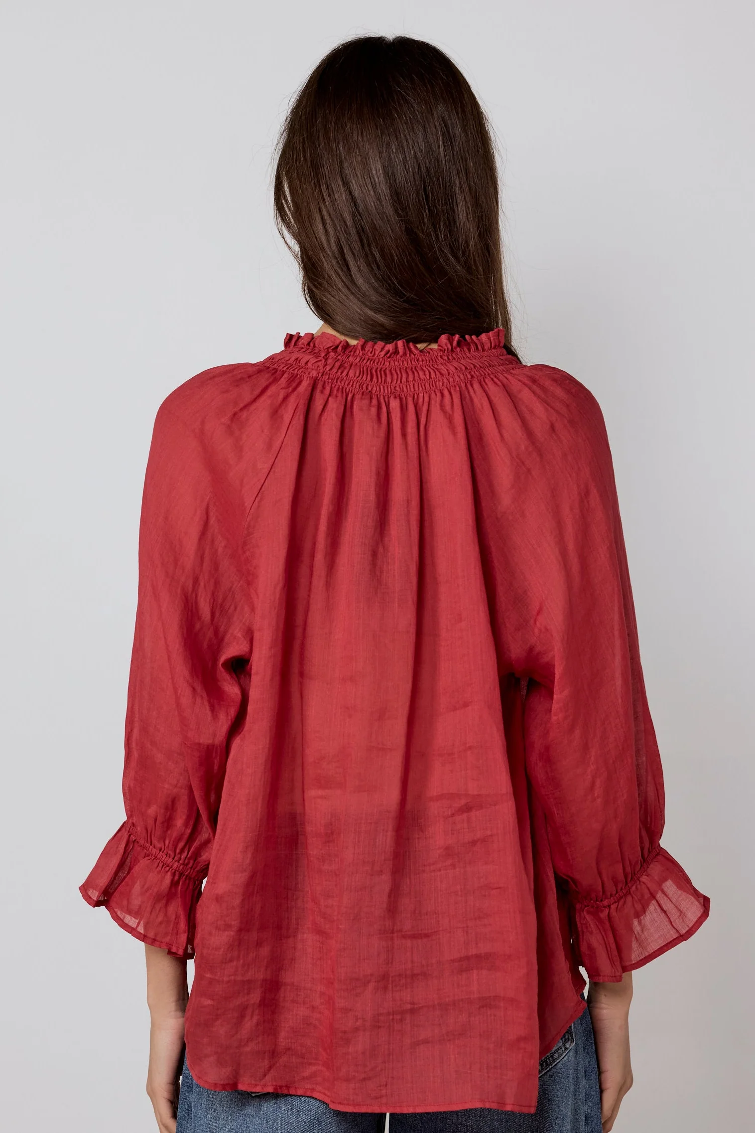 Odyssey Red Shirred Neck Button Mid Sleeve Top - Image 4