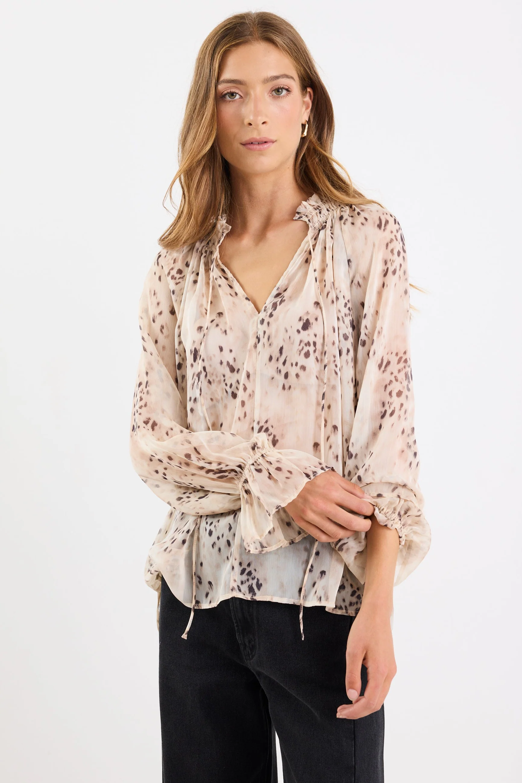 Odyssey Beige Leopard Georgette Shirred Neck LS Top - Image 4